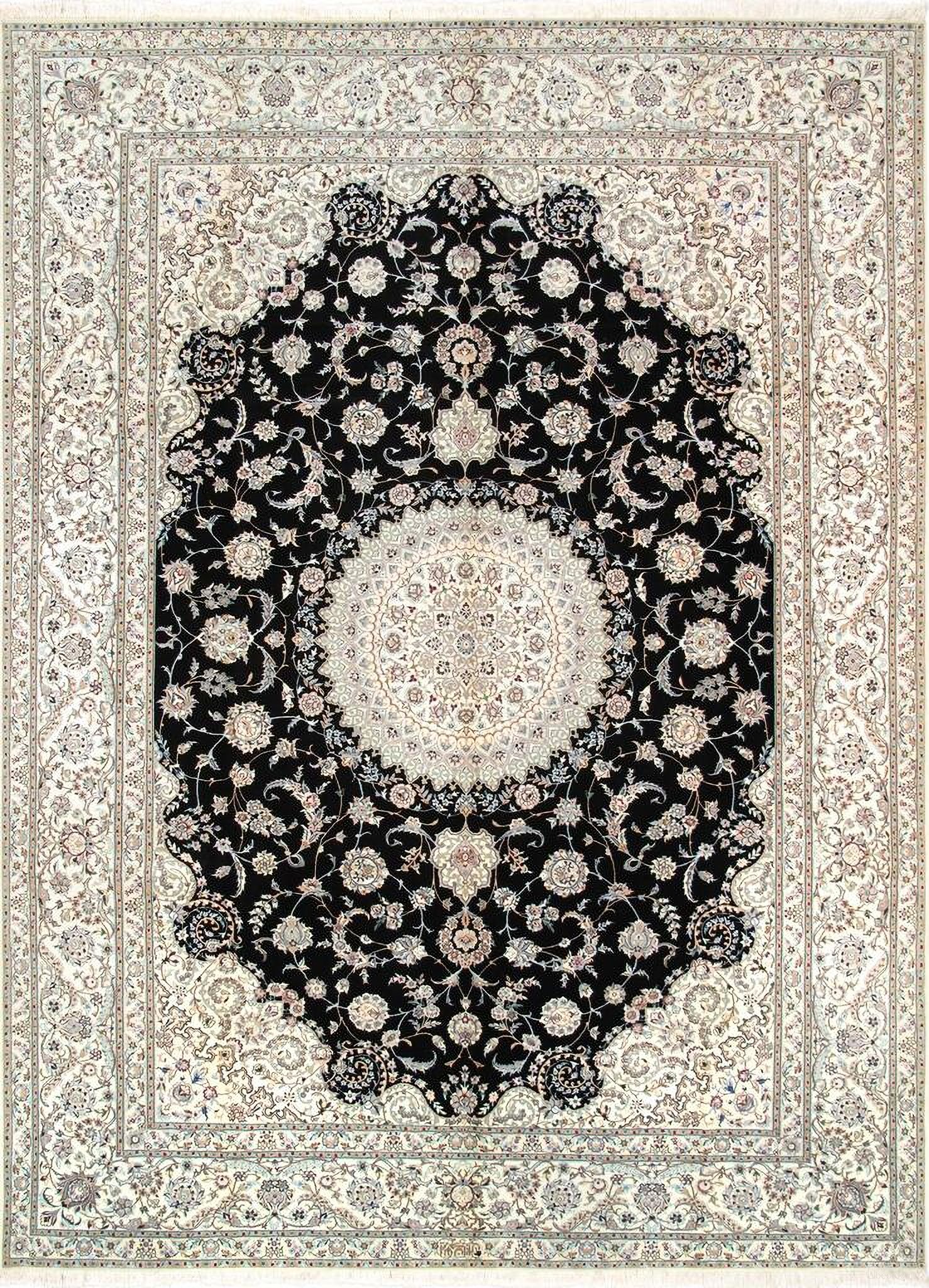 Azerbaijan Collection Hand-Knotted Silk and Wool Area Rug- 8' 5" x 11' 6" In Black and Ivory