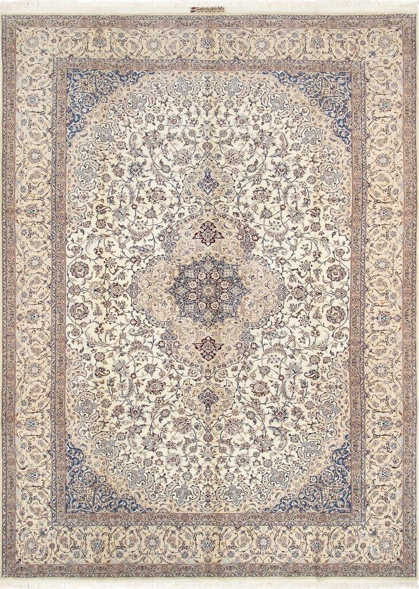 Azerbaijan Collection Hand-Knotted Silk and Wool Area Rug- 8' 6" x 12' In Ivory and Peach