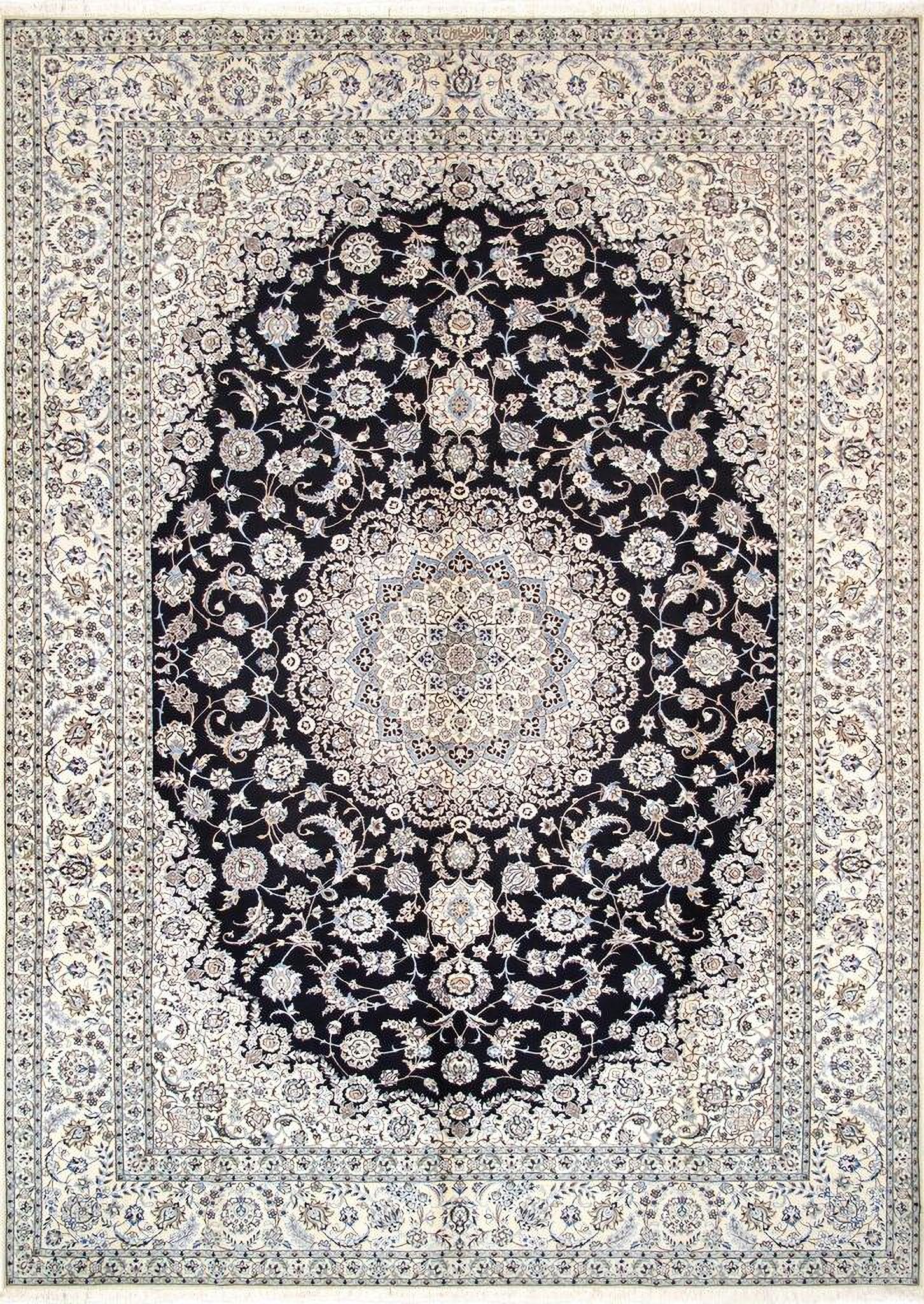 Azerbaijan Collection Hand-Knotted Silk and Wool Area Rug- 8' 7" x 12' 1" In Navy and Ivory