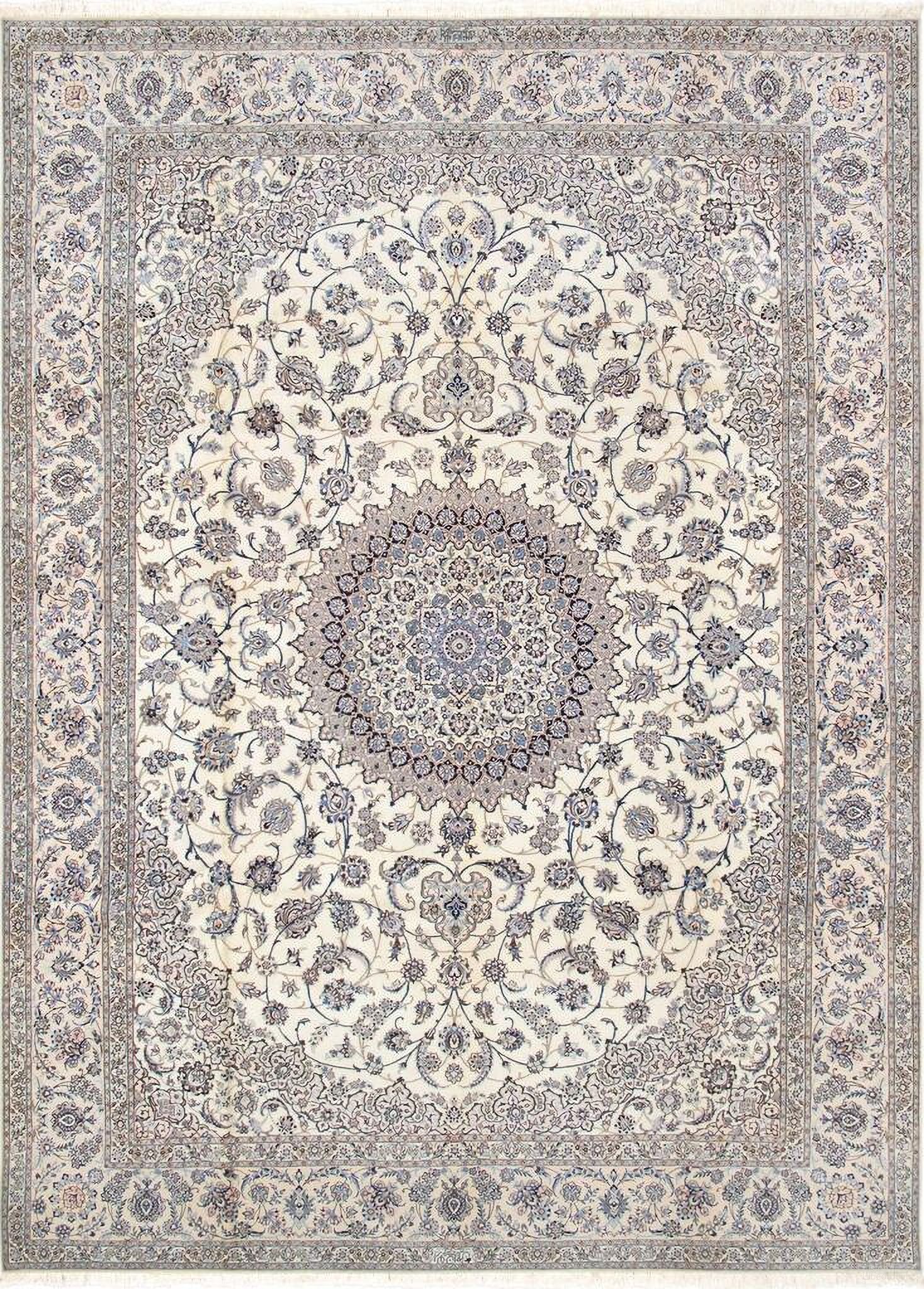 Azerbaijan Collection Hand-Knotted Silk and Wool Area Rug- 8' 8" x 12' 1" In Ivory