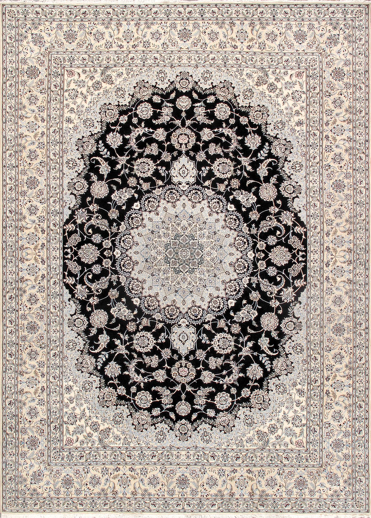 Azerbaijan Collection Hand-Knotted Silk and Wool Area Rug- 9'10" x 13'10" In Navy and Ivory