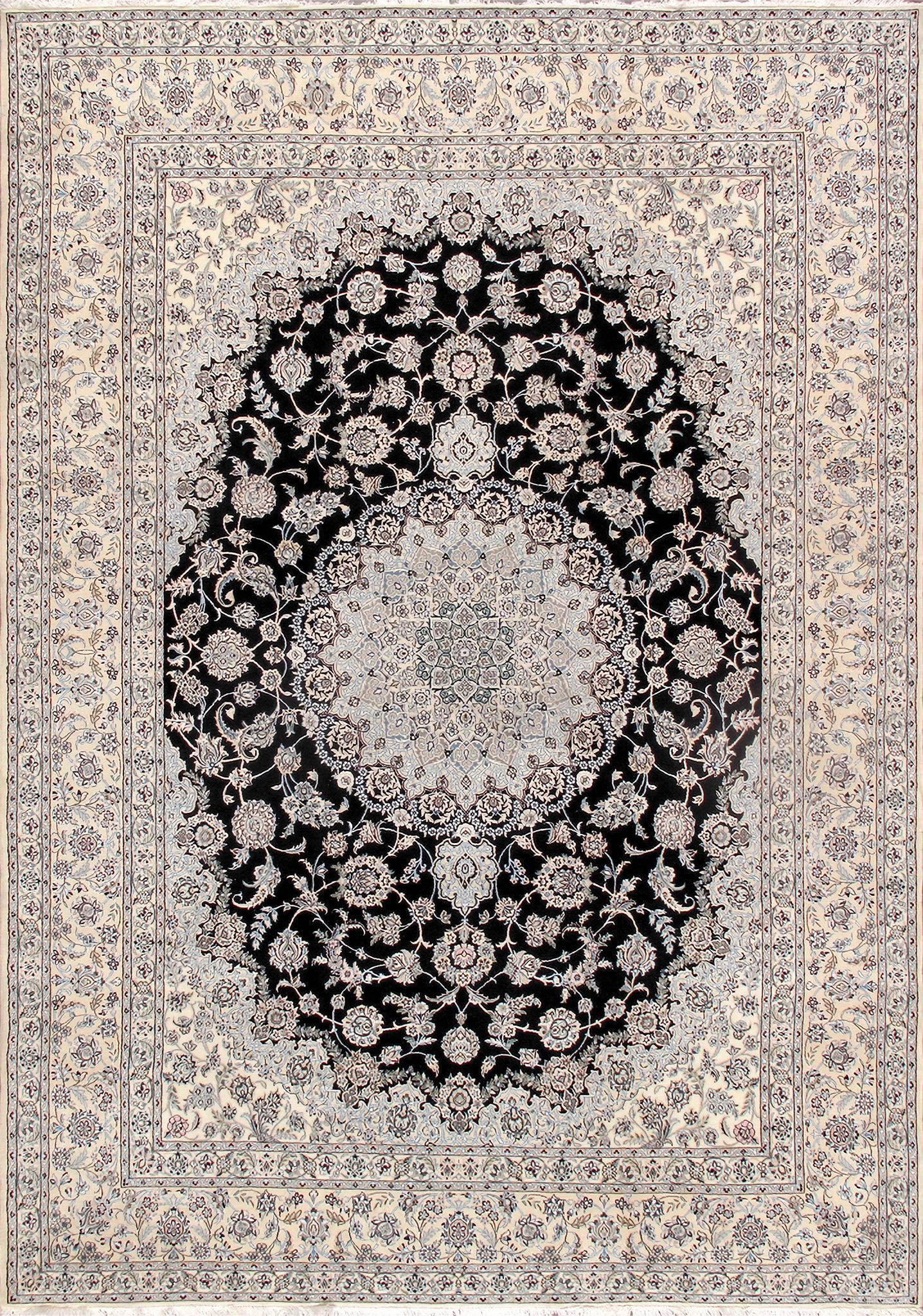 Azerbaijan Collection Hand-Knotted Wool Area Rug- 9'11" x 13' 1" In Navy and Ivory