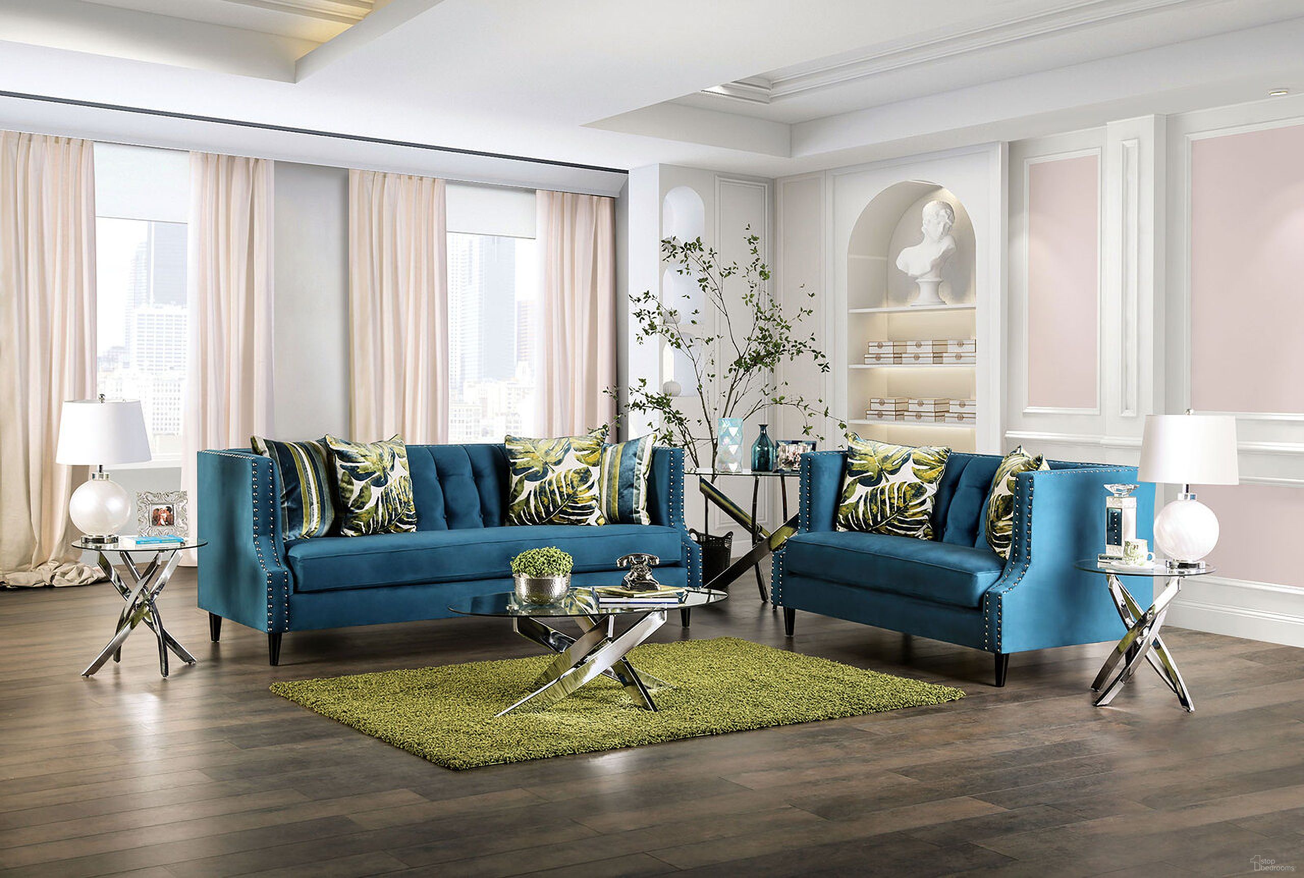 The appearance of Azuletti Living Room Set In Green and Teal designed by Furniture of America in the transitional interior design. This green and teal piece of furniture was selected by 1StopBedrooms from Azuletti Collection to add a touch of cosiness and style into your home. Sku: SM2219-SF;SM2219-LV. Material: Wood.