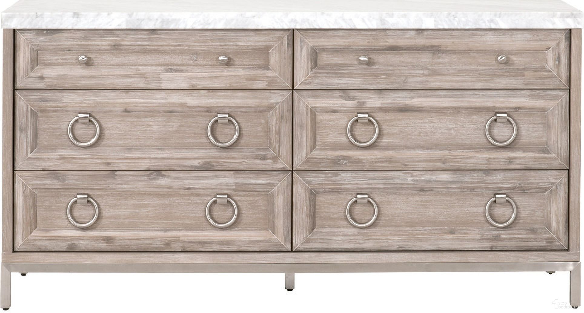 The appearance of Traditions Azure Carrera 6 Drawer Double Dresser In Natural Gray Acacia designed by Essentials For Living in the transitional interior design. This natural gray acacia piece of furniture  was selected by 1StopBedrooms from Traditions Collection to add a touch of cosiness and style into your home. Sku: 6155.NG-BSTL/WHT. Material: Acacia.