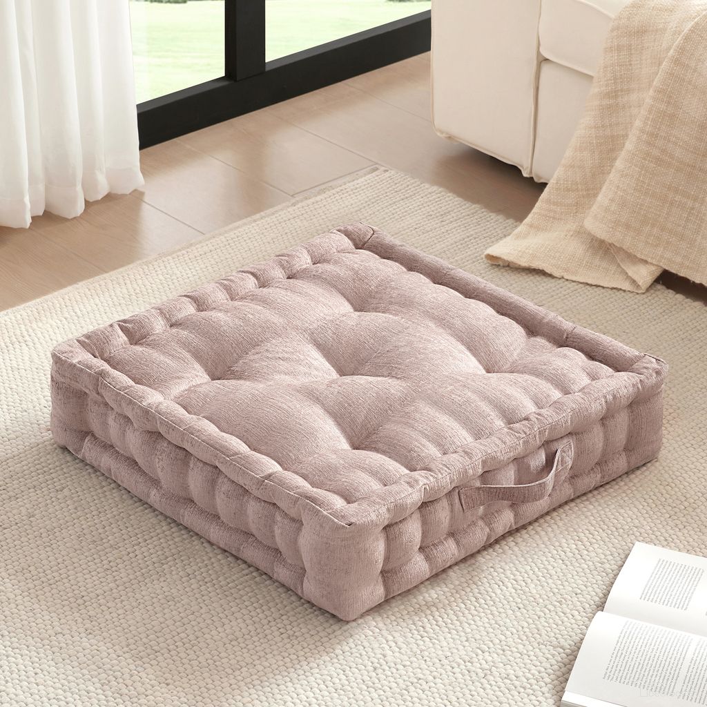 The appearance of Azza Poly Chenille Square Floor Pillow Cushion In Blush designed by Olliix in the transitional interior design. This blush piece of furniture was selected by 1StopBedrooms from Azza Collection to add a touch of cosiness and style into your home. Sku: ID31-2467. Material: Polyester.