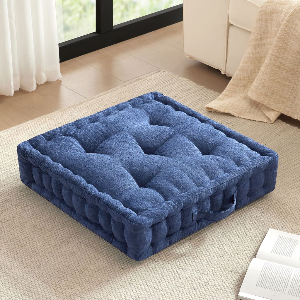 The appearance of Azza Poly Chenille Square Floor Pillow Cushion In Navy designed by Olliix in the transitional interior design. This navy piece of furniture  was selected by 1StopBedrooms from Azza Collection to add a touch of cosiness and style into your home. Sku: ID31-2469. Material: Polyester.