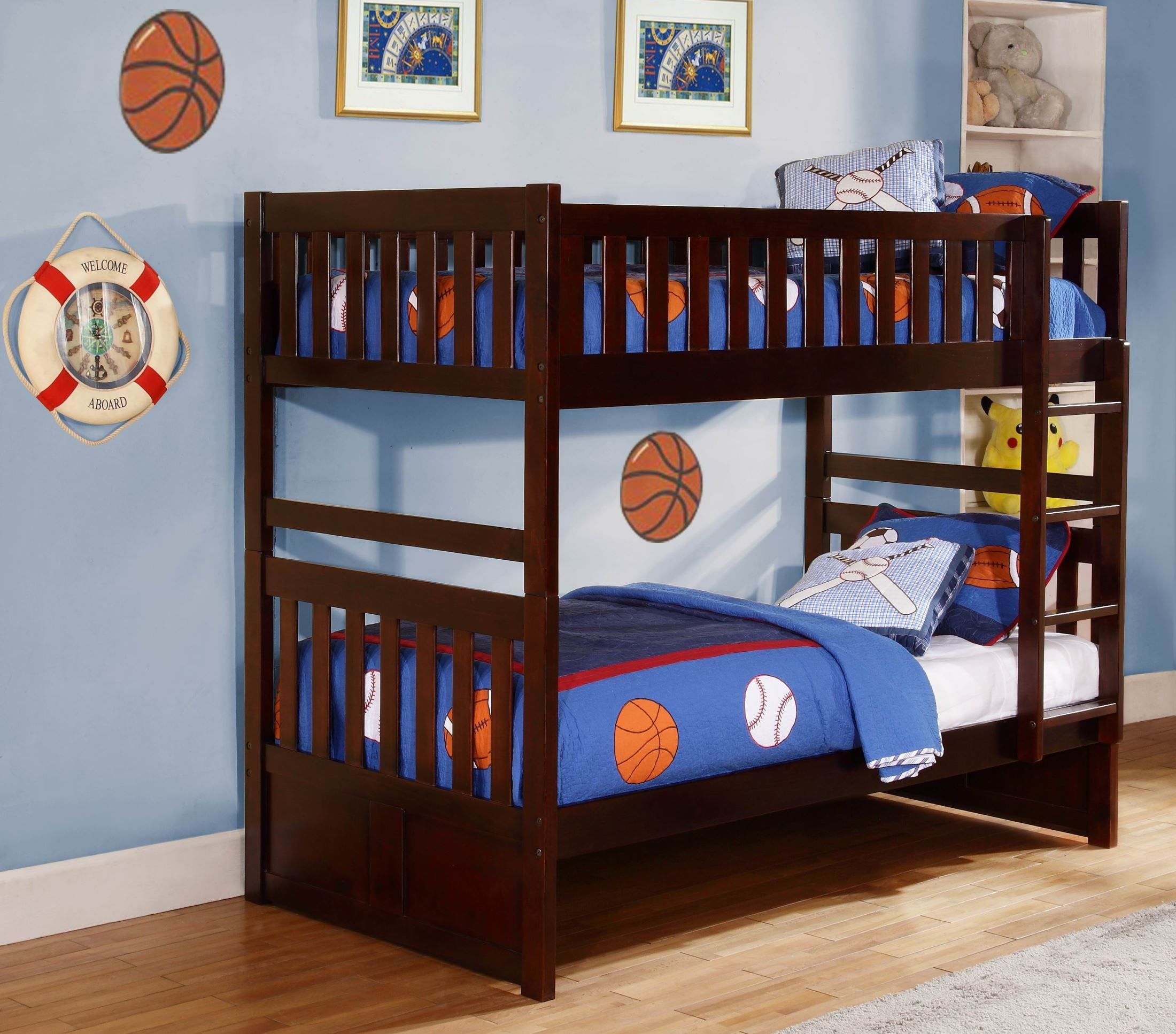 The appearance of Rowe Twin Over Twin Bunk Bedroom Set designed by Homelegance in the modern / contemporary interior design. This brown piece of furniture was selected by 1StopBedrooms from Rowe Collection to add a touch of cosiness and style into your home. Sku: B2013DC-1;B2013DC-2;B2013DC-SL;B2013DC-4. Bed Type: Bunk Bed. Material: Wood. Bed Size: Twin Over Twin.