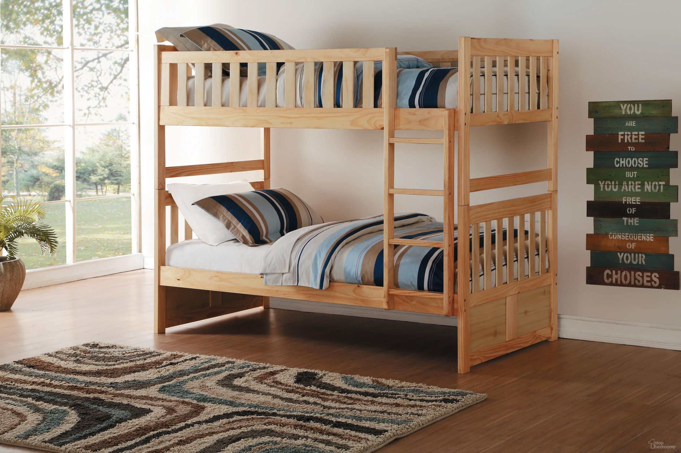 The appearance of Bartly Pine Youth Bunk Bedroom Set designed by Homelegance in the transitional interior design. This brown piece of furniture  was selected by 1StopBedrooms from Bartly Collection to add a touch of cosiness and style into your home. Sku: B2043TF-1;B2043TF-2;B2043TF-SL;B2043-4. Bed Type: Bunk Bed. Material: Wood. Bed Size: Twin Over Twin.
