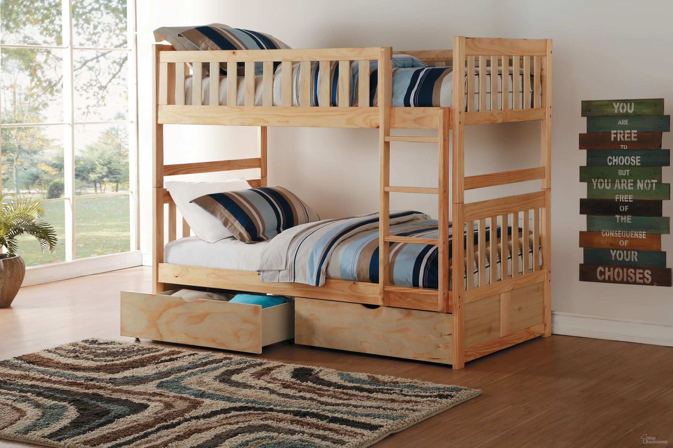The appearance of Bartly Pine Youth Bunk Bedroom Set With Storage designed by Homelegance in the transitional interior design. This brown piece of furniture  was selected by 1StopBedrooms from Bartly Collection to add a touch of cosiness and style into your home. Sku: B2043SB-1;B2043SB-2;B2043SB-SL;B2043SB-3;B2043-4. Bed Type: Bunk Bed. Material: Wood. Bed Size: Twin Over Twin.
