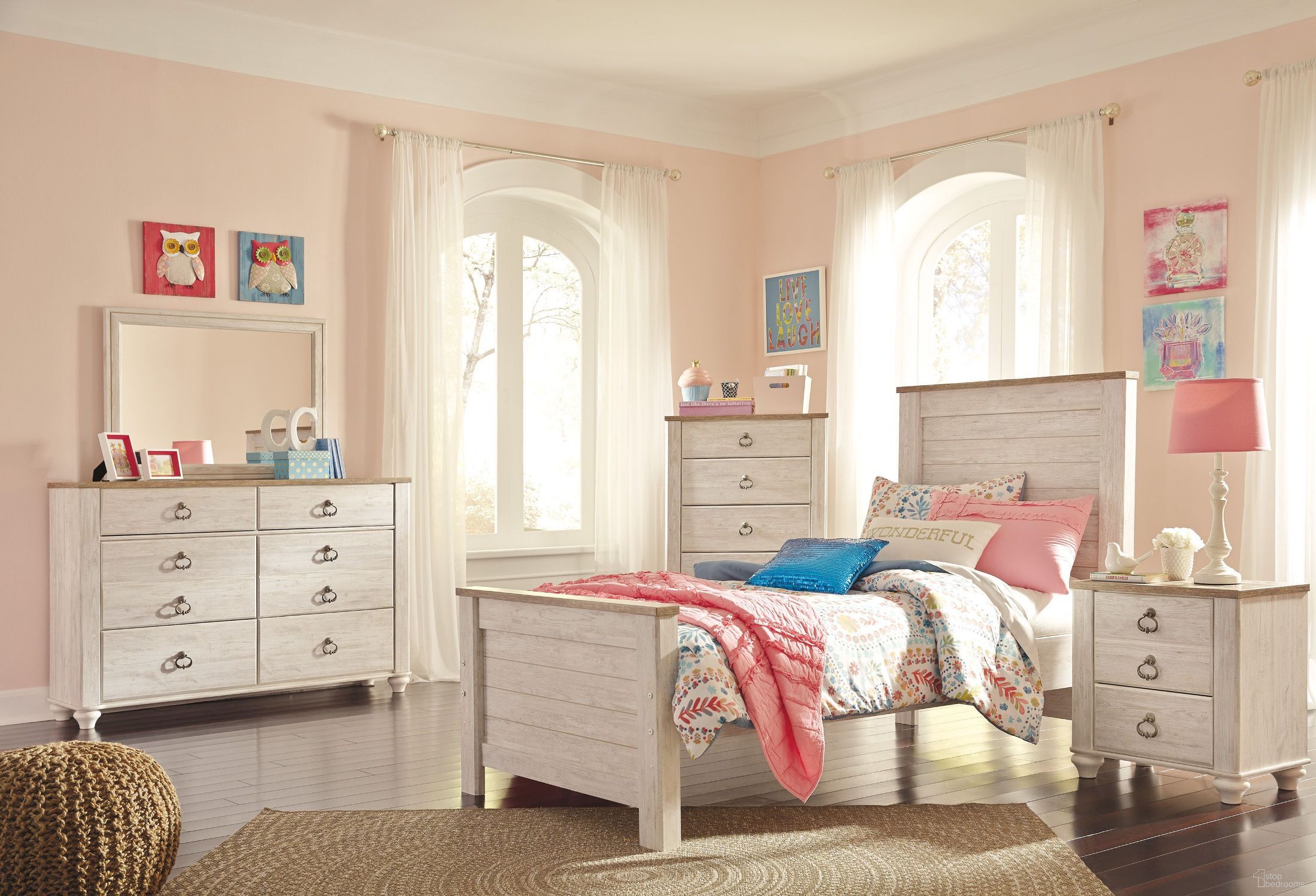 The appearance of Willowton Whitewash Panel Headboard Set designed by Signature Design by Ashley in the modern / contemporary interior design. This white wash piece of furniture was selected by 1StopBedrooms from Willowton Collection to add a touch of cosiness and style into your home. Sku: B267-36;B267-31;B267-92;B267-53. Material: Wood. Bed Size: Twin.