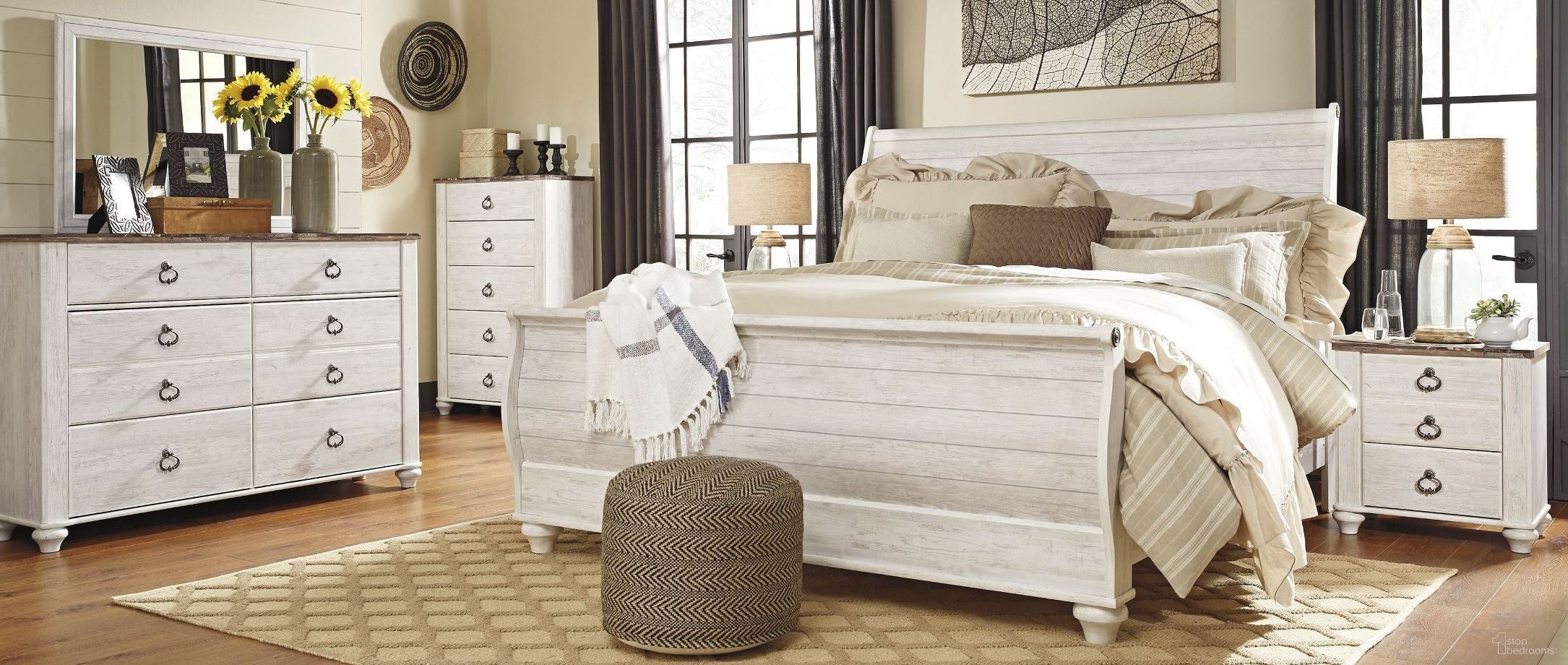 The appearance of Willowton Whitewash Sleigh Headboard Set designed by Signature Design by Ashley in the transitional interior design. This white wash piece of furniture  was selected by 1StopBedrooms from Willowton Collection to add a touch of cosiness and style into your home. Sku: B267-77;B267-36;B267-31;B267-92. Material: Wood. Bed Size: Queen.