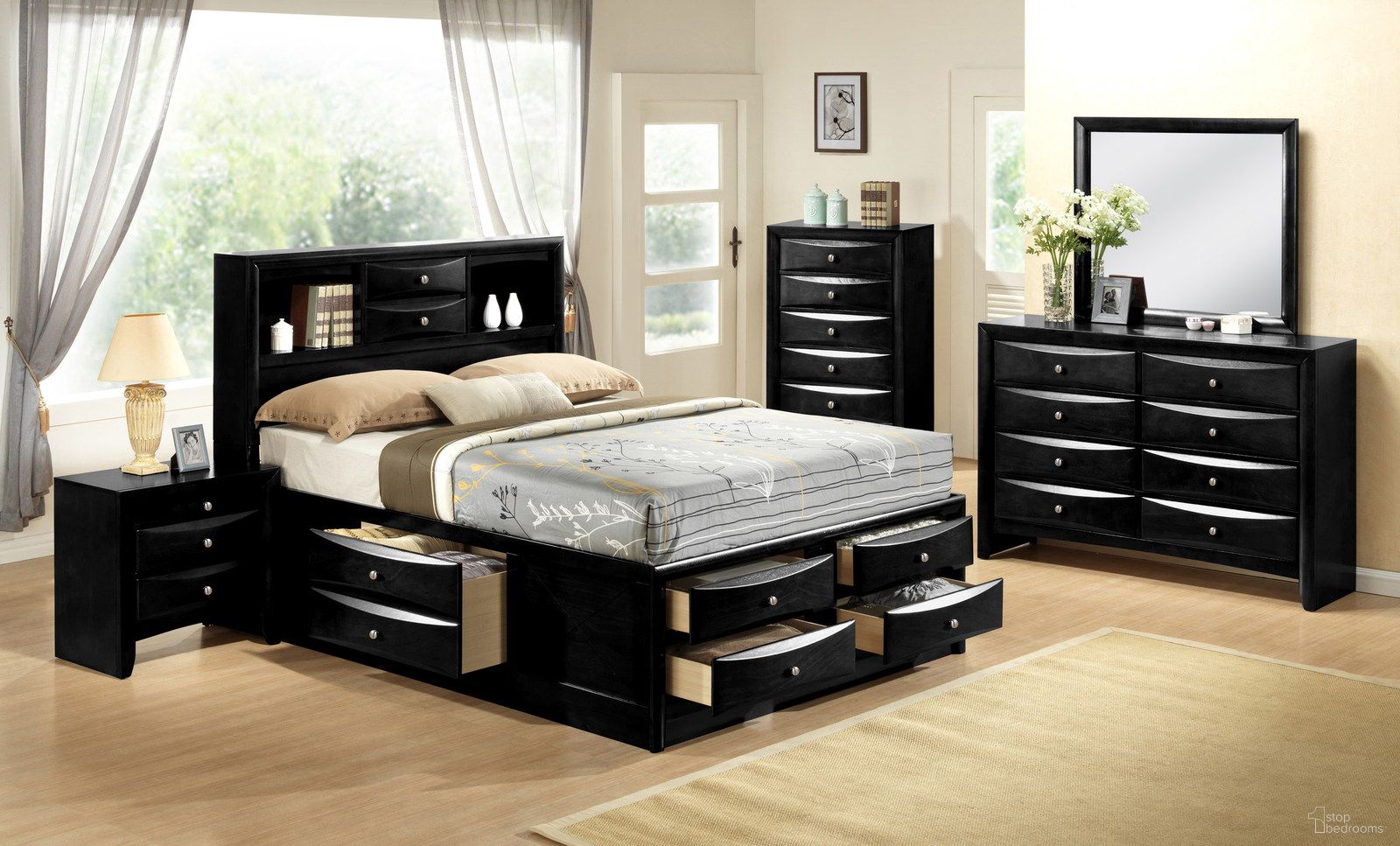 The appearance of Crown Mark Furniture Emily Captain's Bedroom Set in Black designed by Crown Mark in the modern / contemporary interior design. This black piece of furniture  was selected by 1StopBedrooms from Emily Collection to add a touch of cosiness and style into your home. Sku: B4285-Q-DRW-L;B4285-Q-DRW-R;B4285-Q-HBFB;B4285-Q-RAIL;B4280-2. Bed Type: Storage Bed. Material: Wood. Bed Size: Queen.
