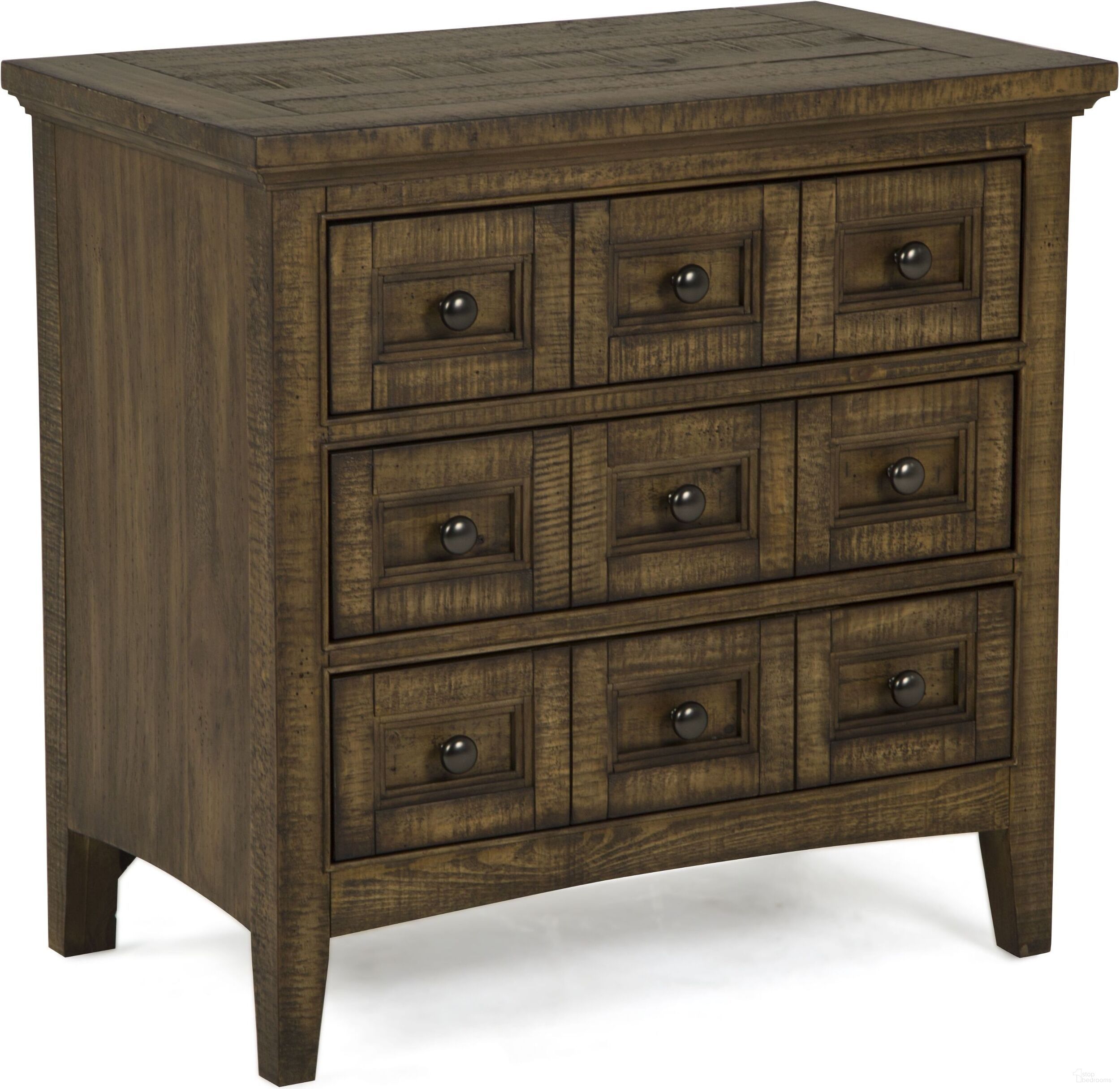 The appearance of Bay Creek Toasted Nutmeg Drawer Nightstand designed by Magnussen in the modern / contemporary interior design. This brown piece of furniture was selected by 1StopBedrooms from Bay Creek Collection to add a touch of cosiness and style into your home. Sku: B4398-01. Material: Pine.
