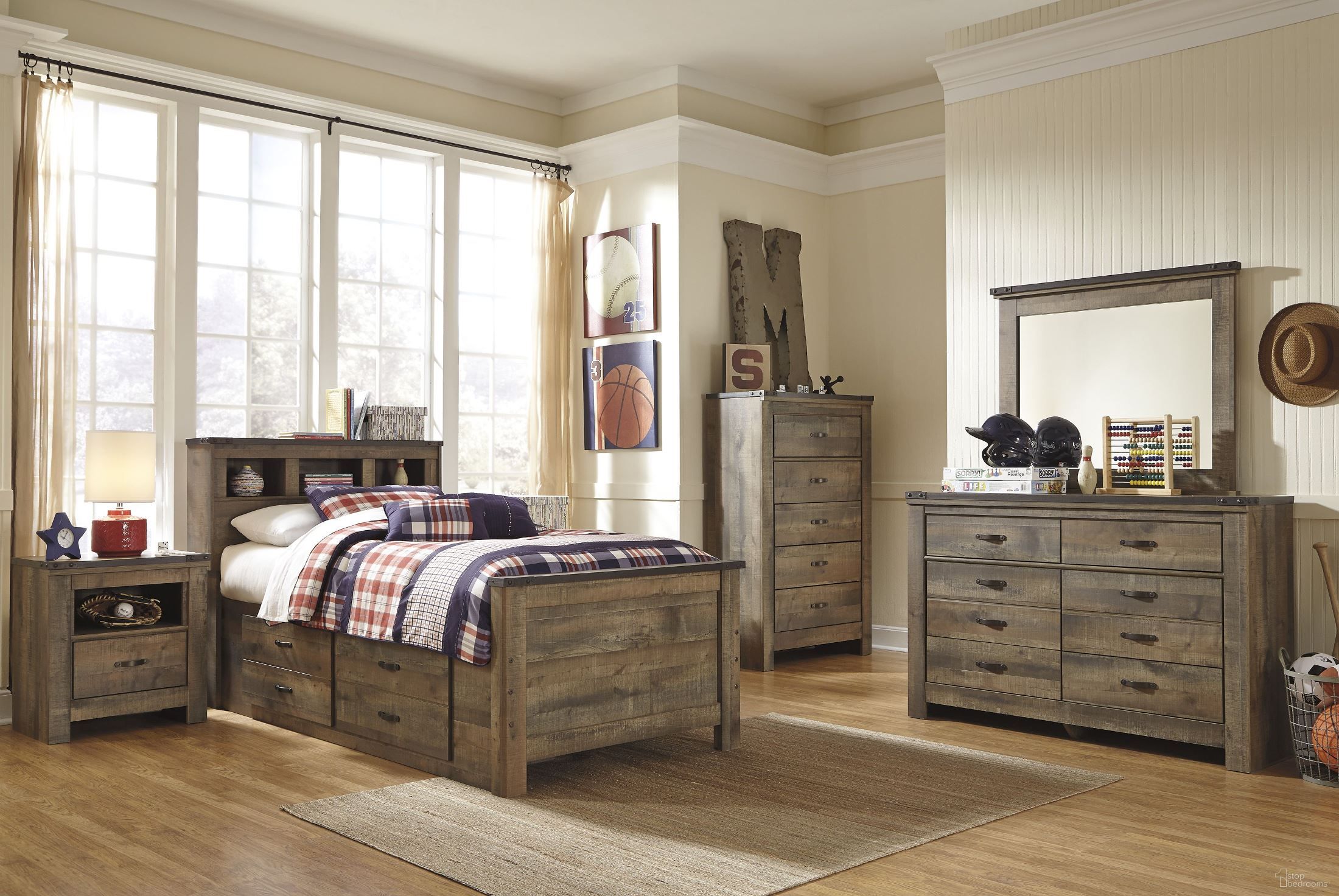 The appearance of Trinell Brown Bookcase Headboard Set designed by Signature Design by Ashley in the rustic / southwestern interior design. This brown piece of furniture was selected by 1StopBedrooms from Trinell Collection to add a touch of cosiness and style into your home. Sku: B446-26;B446-21;B446-91;B446-63. Material: Wood. Bed Size: Twin.