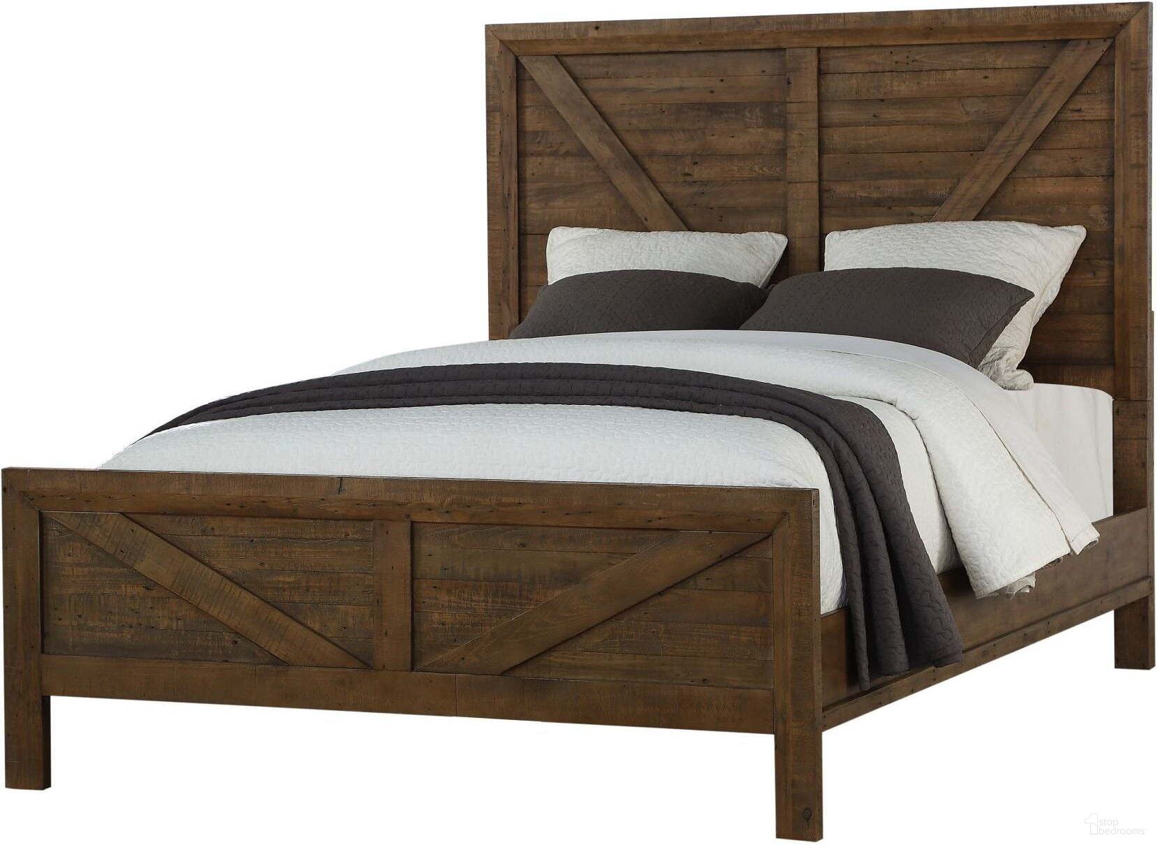 The appearance of Pine Valley Burnished Pine Queen Panel Bed designed by Emerald Home Furnishings in the transitional interior design. This brown piece of furniture was selected by 1StopBedrooms from Pine Valley Collection to add a touch of cosiness and style into your home. Sku: B744-10HB;B744-10FB;B744-10R. Bed Type: Panel Bed. Material: Wood. Bed Size: Queen.