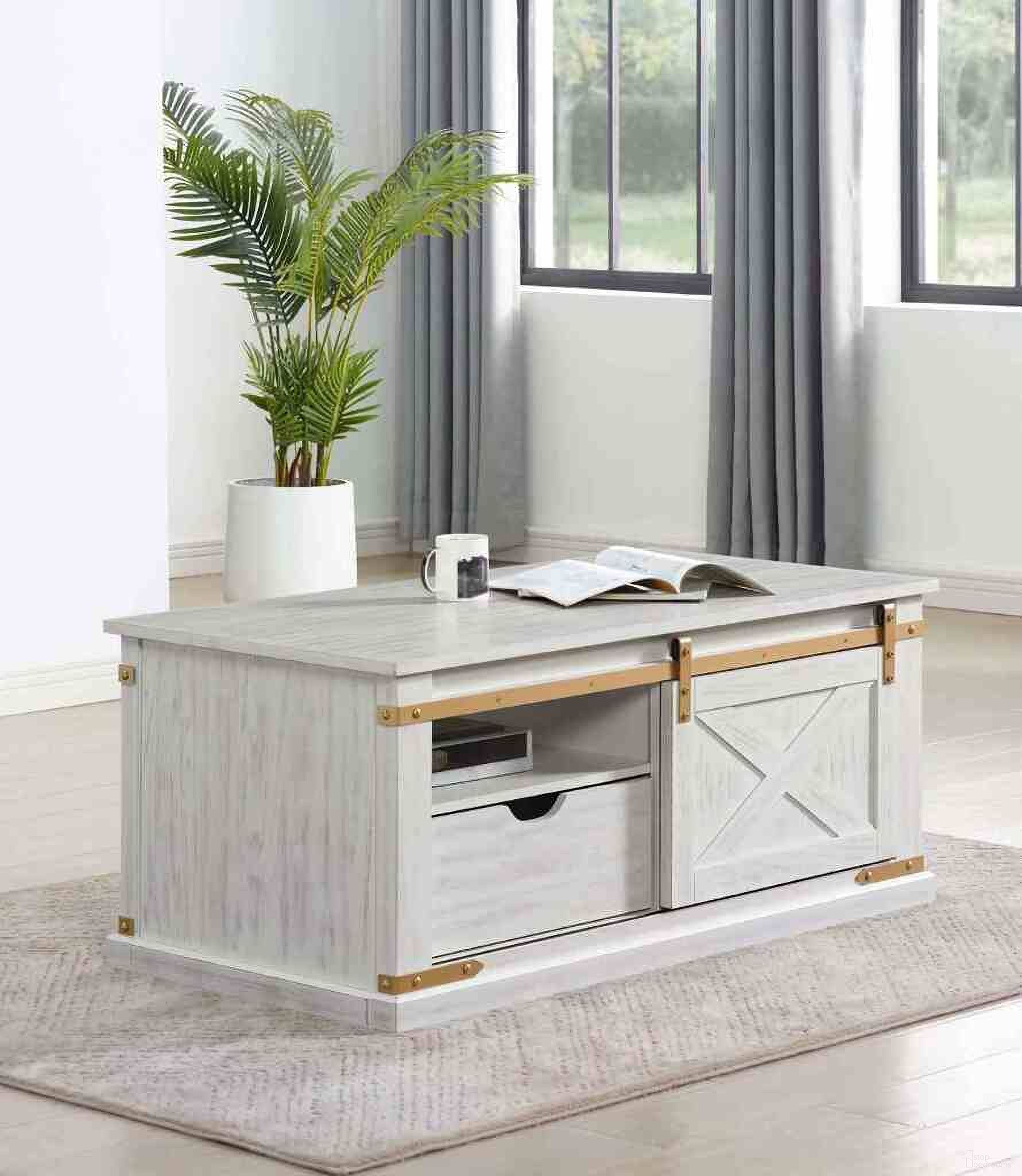 The appearance of Bacerra Coffee Table In Antique White and Gold designed by Furniture of America in the rustic / southwestern interior design. This antique white and gold piece of furniture  was selected by 1StopBedrooms from Bacerra Collection to add a touch of cosiness and style into your home. Sku: CM4018WH-C. Material: Metal.