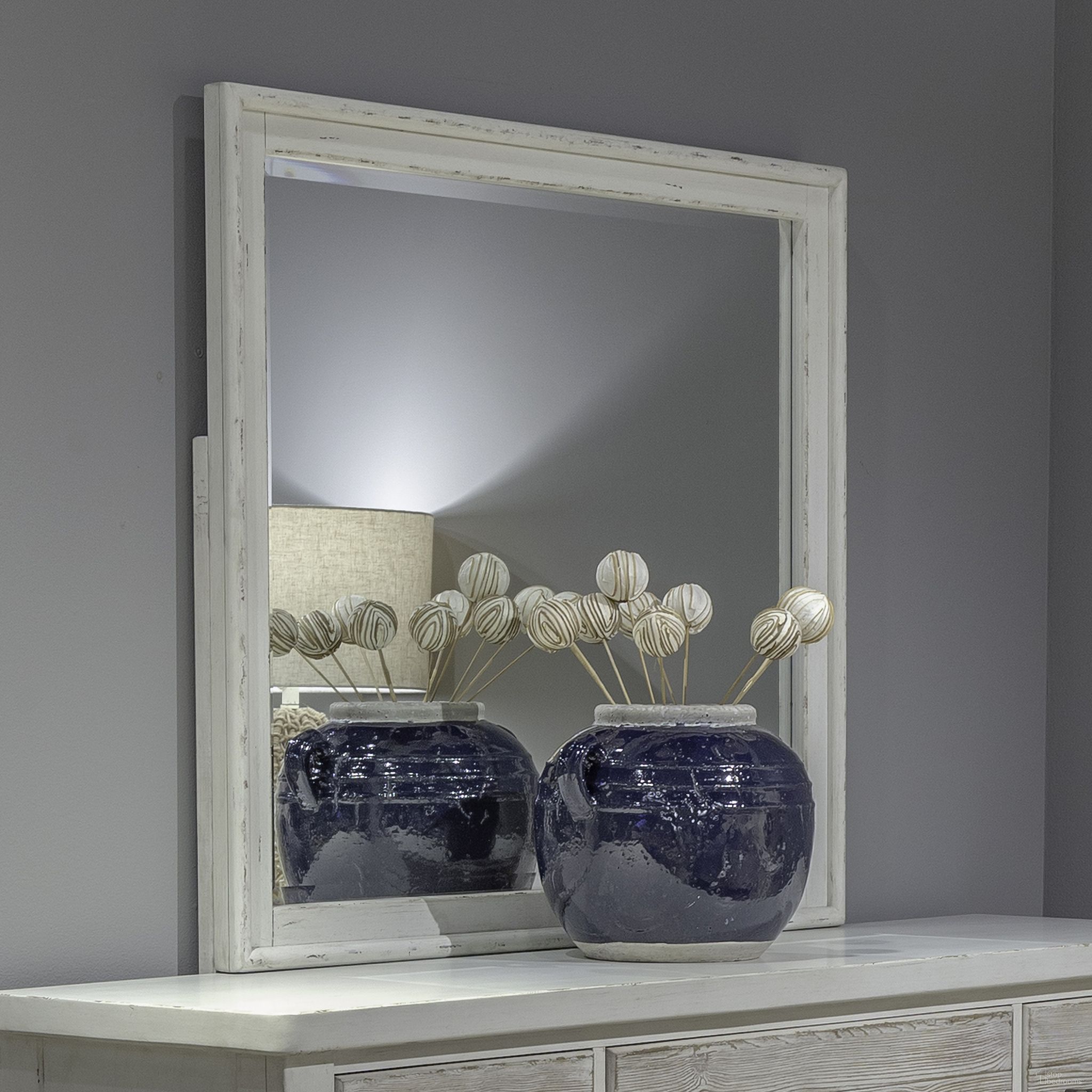 The appearance of Backroads Landscape Mirror In Weathered White designed by Liberty in the country / farmhouse interior design. This weathered white piece of furniture was selected by 1StopBedrooms from Backroads Collection to add a touch of cosiness and style into your home. Sku: 142-BR51. Material: Poplar Solid.