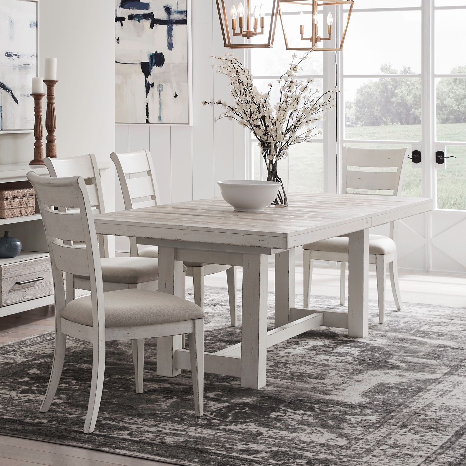 The appearance of Backroads Trestle Dining Room Set In Weathered White and Parchment Brown designed by Liberty in the country / farmhouse interior design. This weathered white/parchment brown piece of furniture was selected by 1StopBedrooms from Backroads Collection to add a touch of cosiness and style into your home. Sku: 142-P4200;142-T4200;142-C2001S. Table Top Shape: Rectangular. Material: Poplar Solid. Size: 100" x 42".