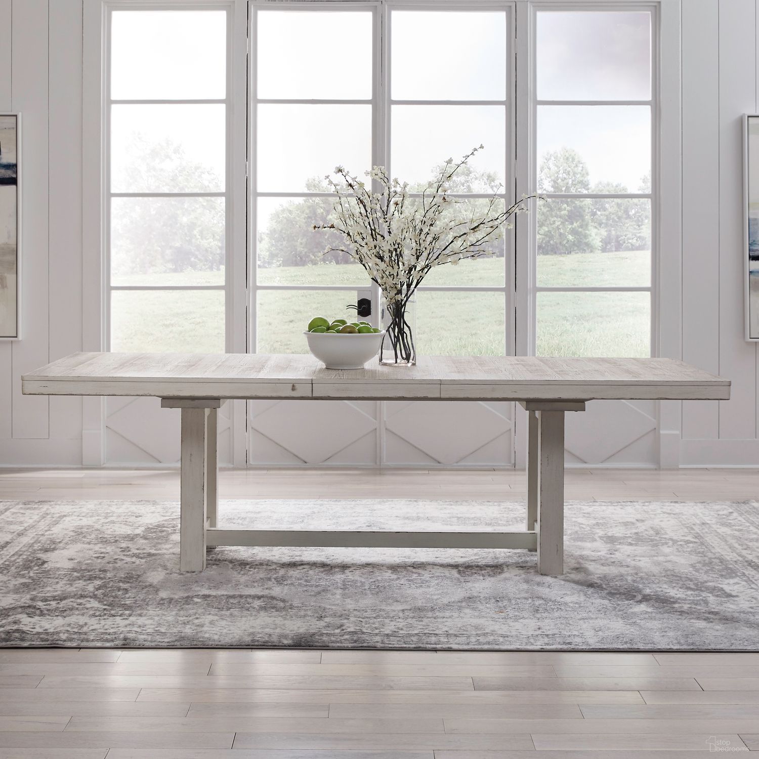 The appearance of Backroads Trestle Table Set In Weathered White and Parchment Brown designed by Liberty in the country / farmhouse interior design. This weathered white/parchment brown piece of furniture was selected by 1StopBedrooms from Backroads Collection to add a touch of cosiness and style into your home. Sku: 142-P4200;142-T4200. Table Base Style: Trestle. Table Top Shape: Rectangular. Material: Poplar Solid. Size: 100" x 42".