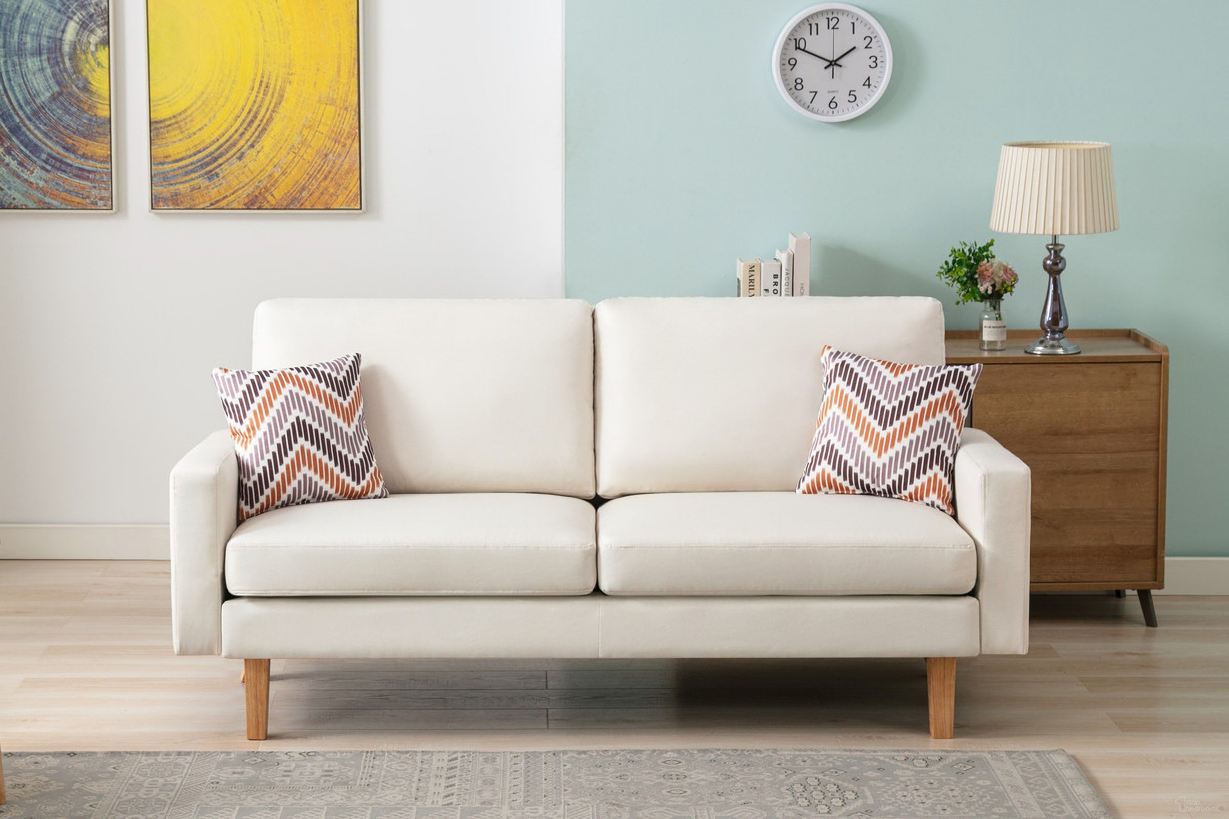 The appearance of Bahamas 70 Inch Linen Sofa with 2 Throw Pillows In Beige designed by Lilola Home in the transitional interior design. This beige piece of furniture was selected by 1StopBedrooms from Bahamas Collection to add a touch of cosiness and style into your home. Sku: 87827. Material: Fabric.