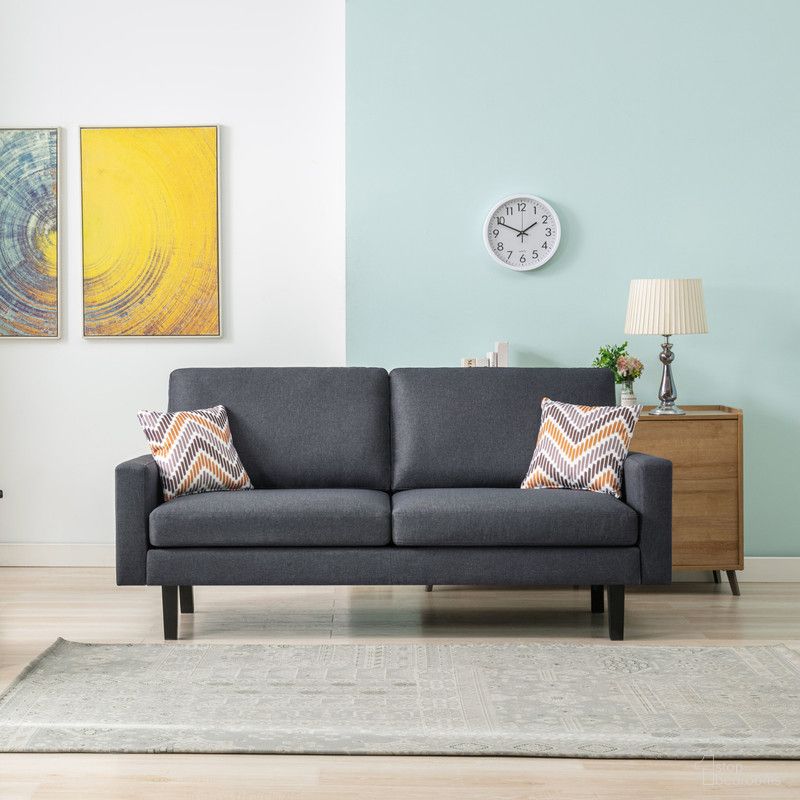 The appearance of Bahamas 70 Inch Linen Sofa with 2 Throw Pillows In Dark Gray designed by Lilola Home in the transitional interior design. This dark gray piece of furniture was selected by 1StopBedrooms from Bahamas Collection to add a touch of cosiness and style into your home. Sku: 87823. Material: Fabric.