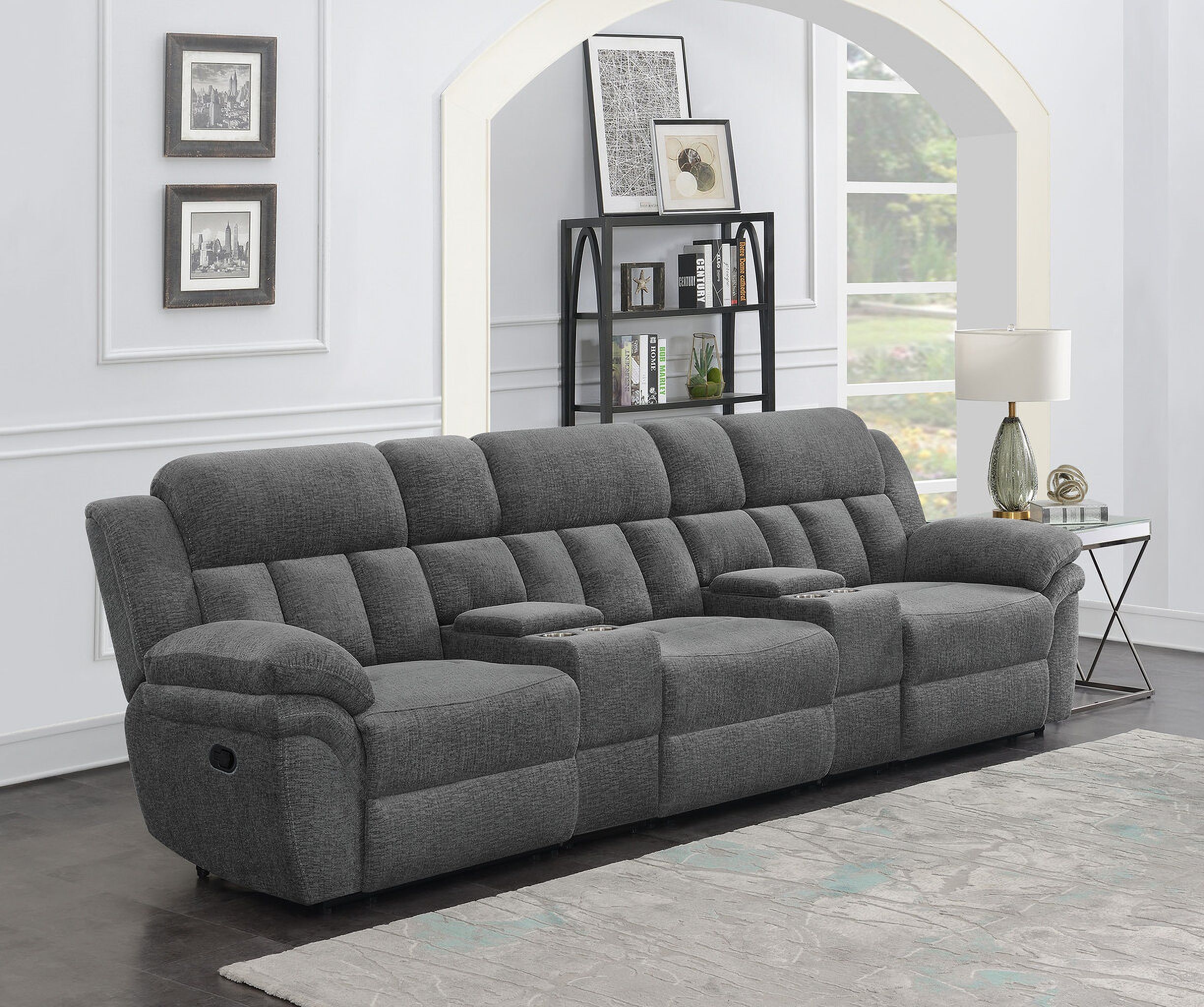 The appearance of Bahrain 5-piece Upholstered Home Theater Seating Charcoal designed by Coaster in the transitional interior design. This charcoal piece of furniture  was selected by 1StopBedrooms from Bahrain Collection to add a touch of cosiness and style into your home. Sku: 609540AR;609540CON;609540CON;609540LR;609540RR. Material: Upholstered.