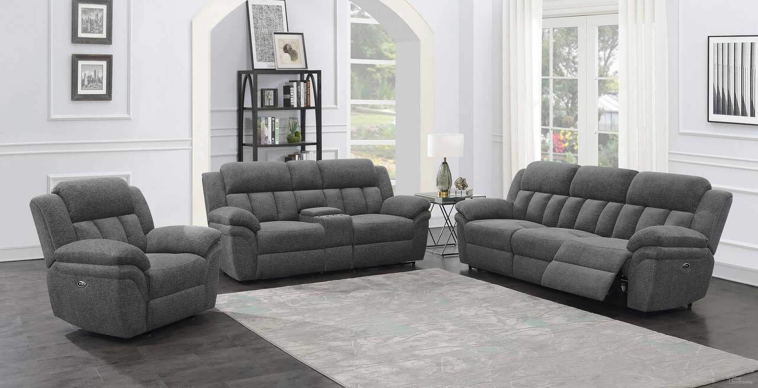 The appearance of Bahrain Power Living Room Set In Charcoal designed by Coaster in the transitional interior design. This charcoal piece of furniture was selected by 1StopBedrooms from Bahrain Collection to add a touch of cosiness and style into your home. Sku: 609540AC;609540LRP;609540RRP;609540CON;609540LRP;609540RRP. Material: Upholstered.