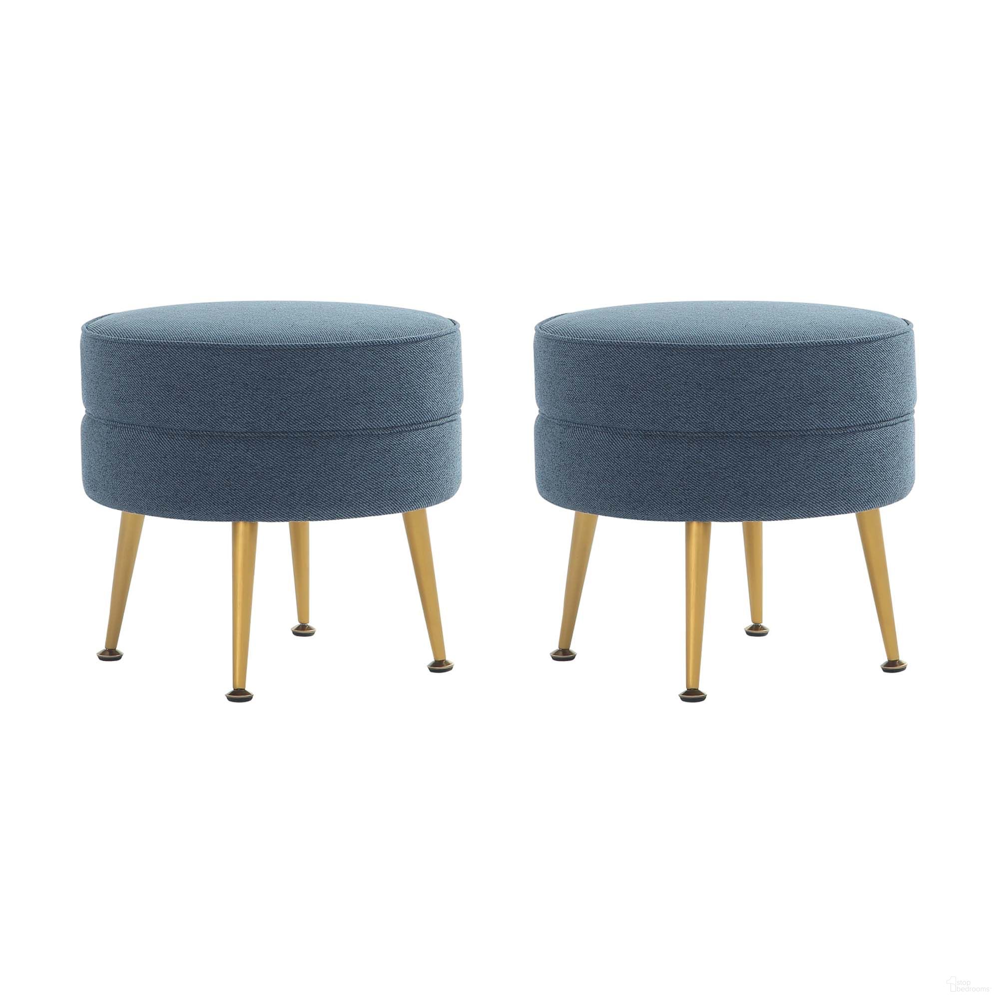 The appearance of Bailey Ottoman Set of 2 In Blue with Gold Feet designed by Manhattan Comfort in the transitional interior design. This blue piece of furniture was selected by 1StopBedrooms from Bailey Collection to add a touch of cosiness and style into your home. Sku: OT003-BL;OT003-BL. Material: Wood.