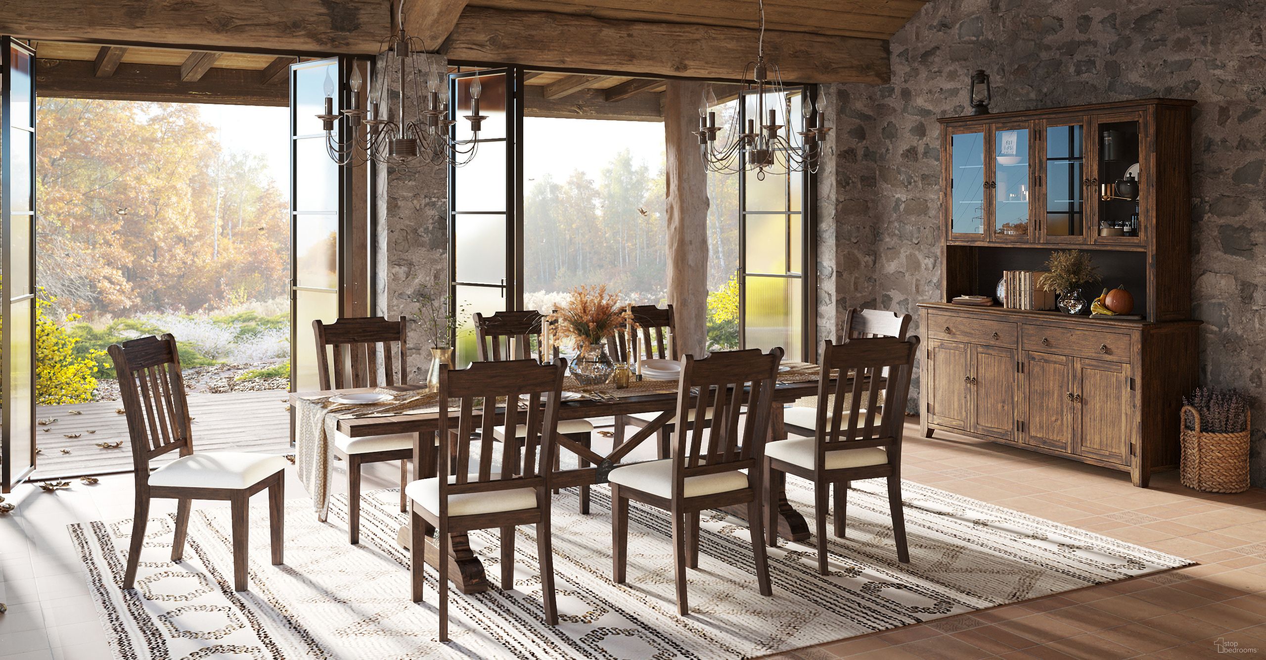 The appearance of Bakersfield 110 Inch Dining Set with Extension In Wire Brush Brown designed by Jofran in the modern / contemporary interior design. This brown piece of furniture was selected by 1StopBedrooms from Bakersfield Collection to add a touch of cosiness and style into your home. Sku: 1901-110TBKT;1901-410KD. Table Base Style: Trestle. Material: Wood. Table Top Shape: Rectangular. Size: 110".