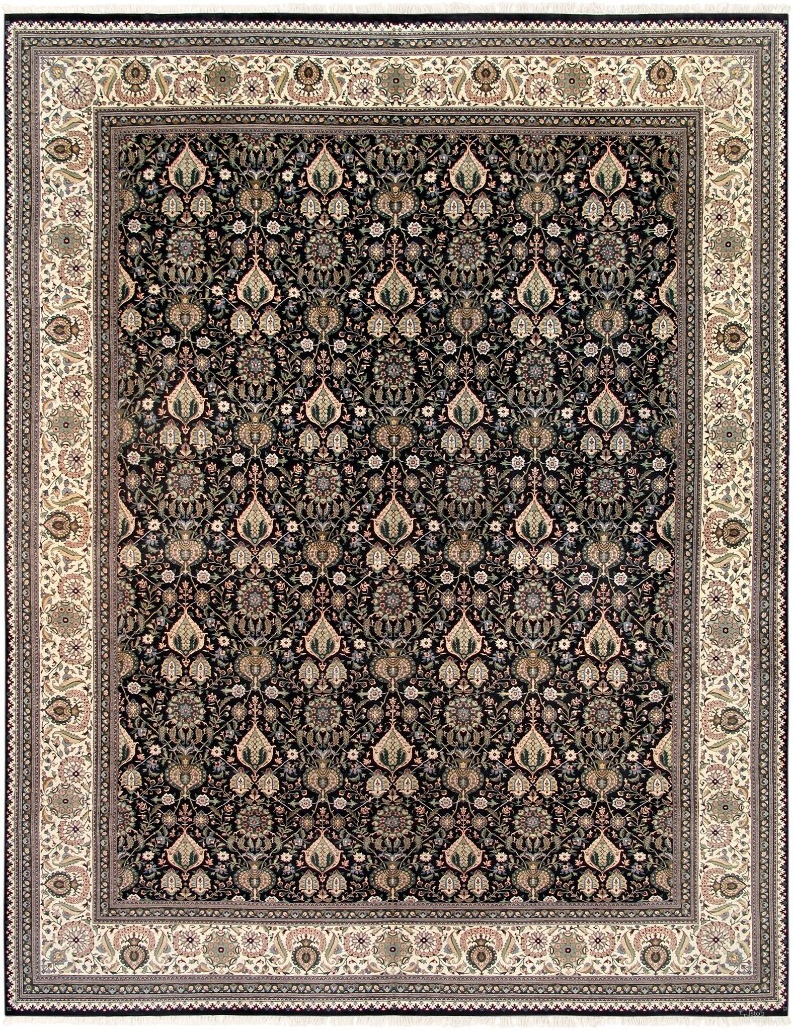 Baku Collection Hand-Knotted Lamb's Wool Area Rug- 11' 10" x 15' 8" In Black and Ivory
