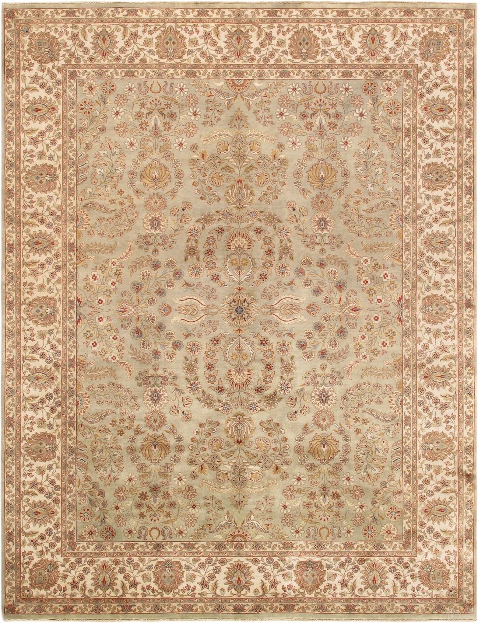 Baku Collection Hand-Knotted Lamb's Wool Area Rug- 8' 10" x 11' 11" In Ivory and Green