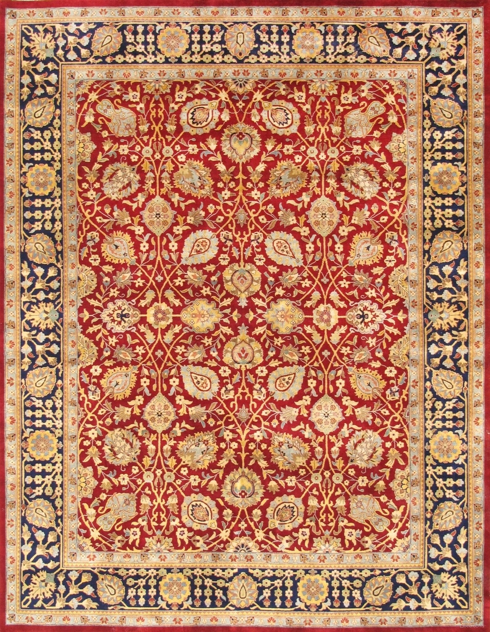 Baku Collection Hand-Knotted Lamb's Wool Area Rug- 8' 11" x 11' 7" In Red and Navy