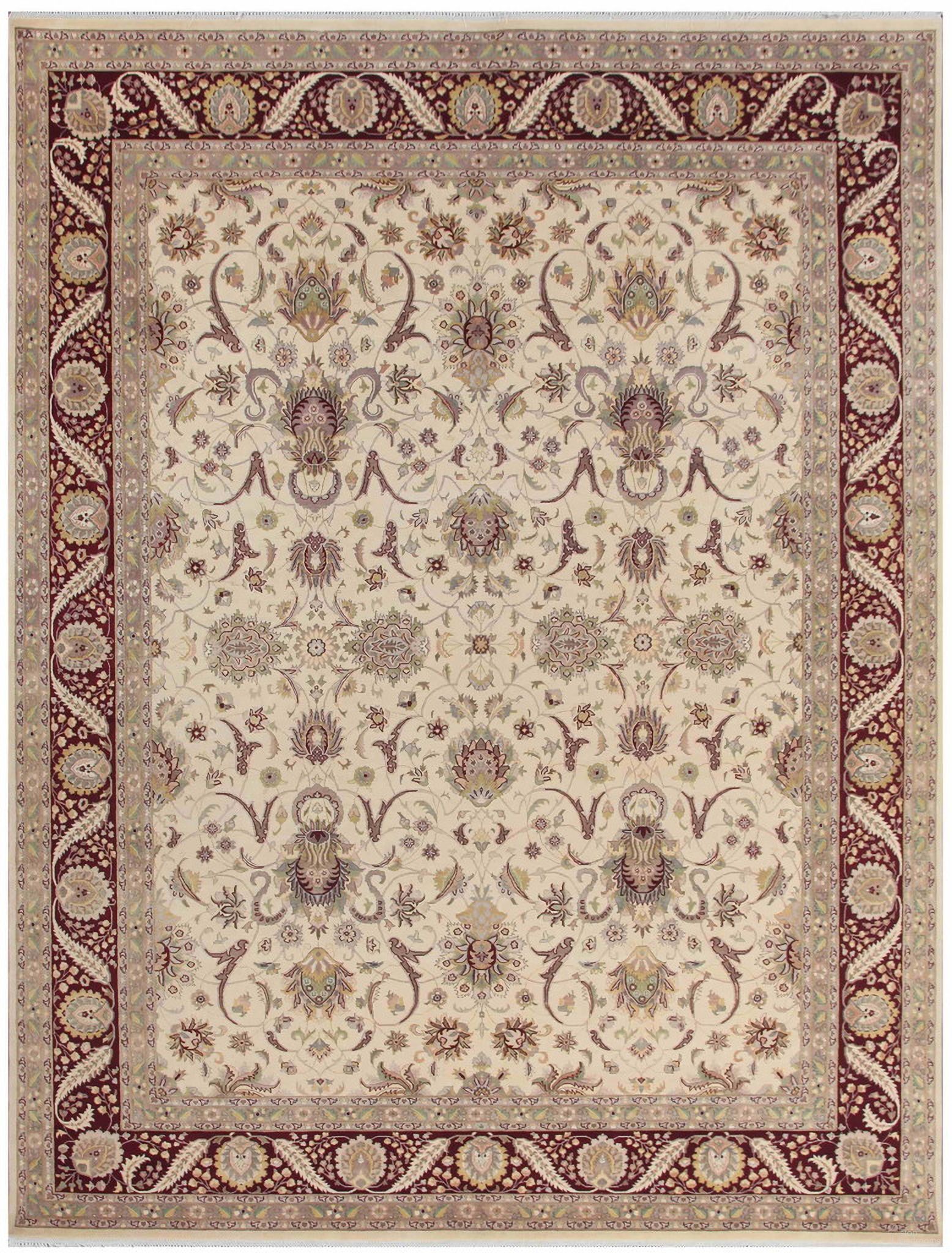 Baku Collection Hand-Knotted Lambs Wool Area Rug - 9' 1" x 12' 2" In Ivory and Red