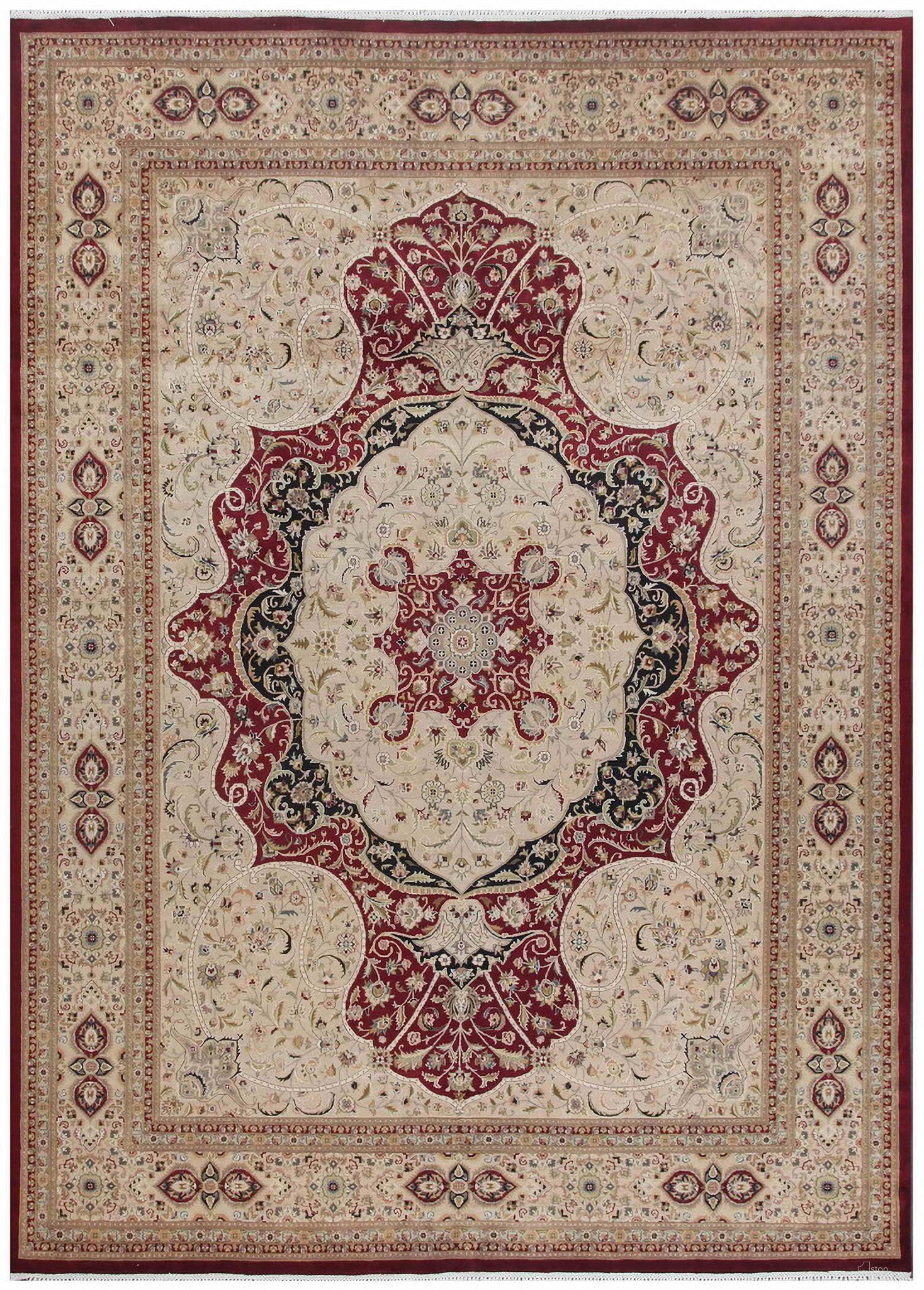 Baku Collection Hand-Knotted Lambs Wool Area Rug - 9' 1" x 12' 8" In Ivory and Red