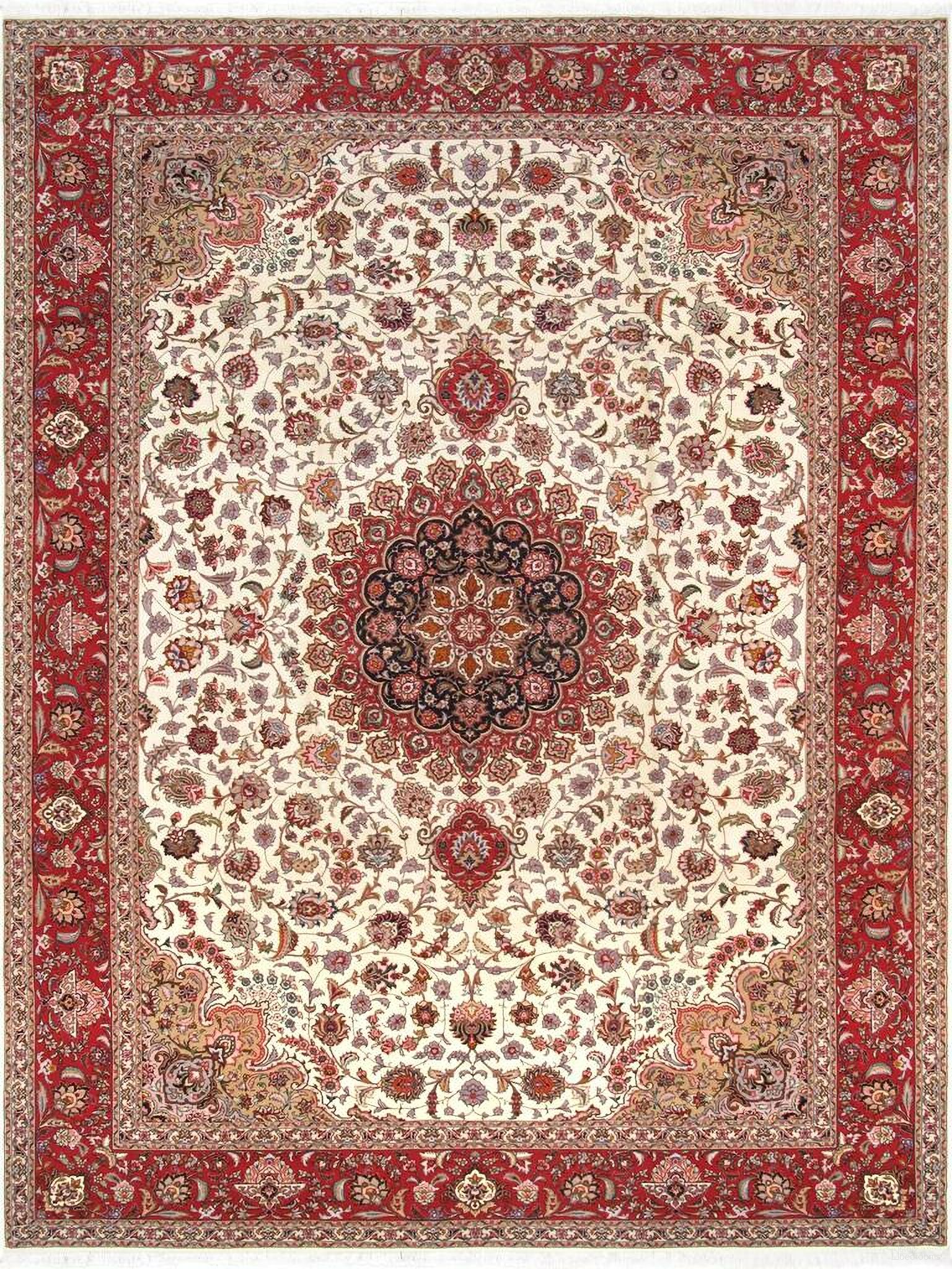 Baku Collection Hand-Knotted Multi Lamb's Wool Area Rug- 8' 3" x 11' 6" In Ivory and Red