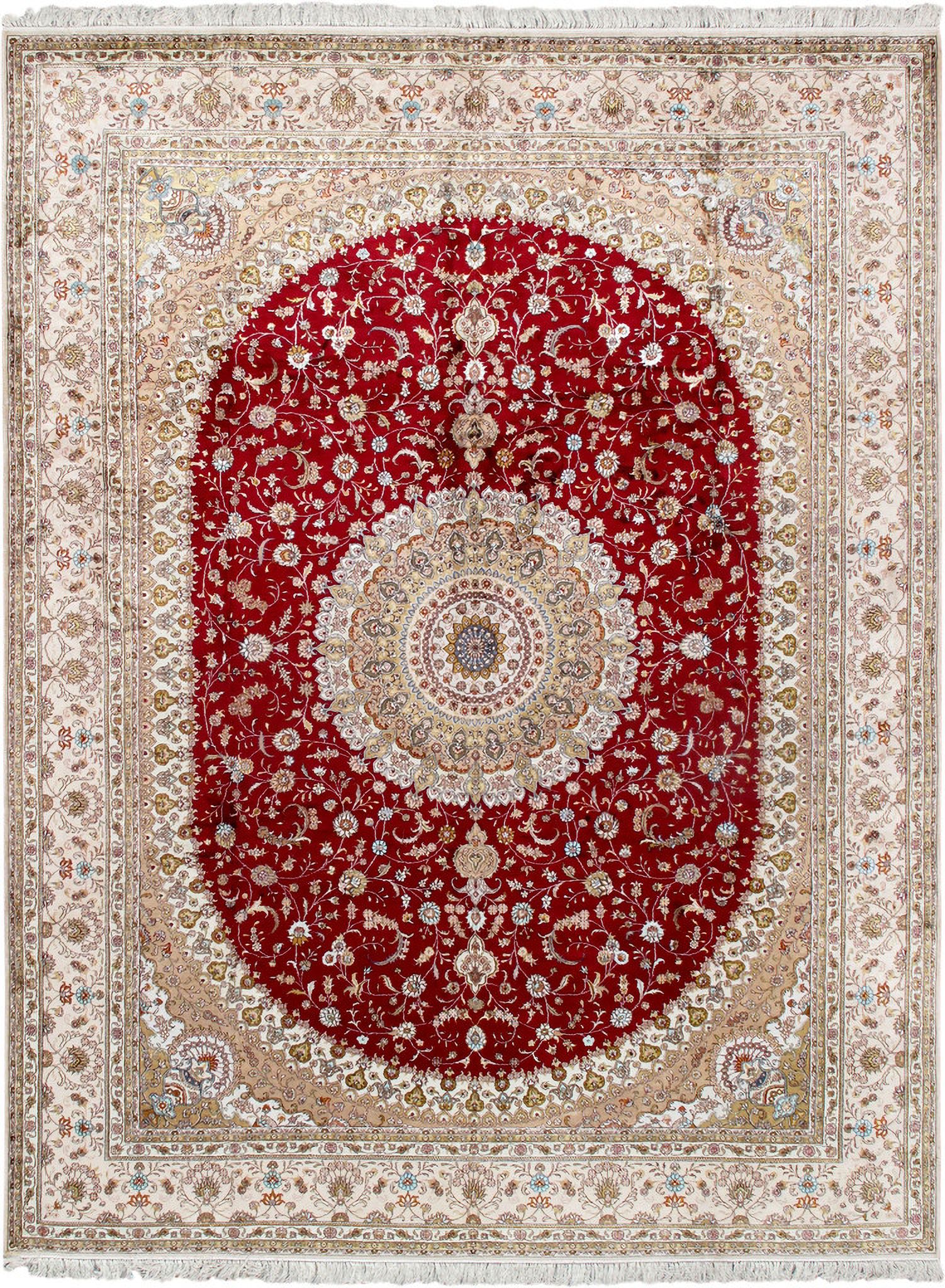 Baku Collection Hand-Knotted Pure Silk Area Rug- 9' x 12' In Ivory and Red