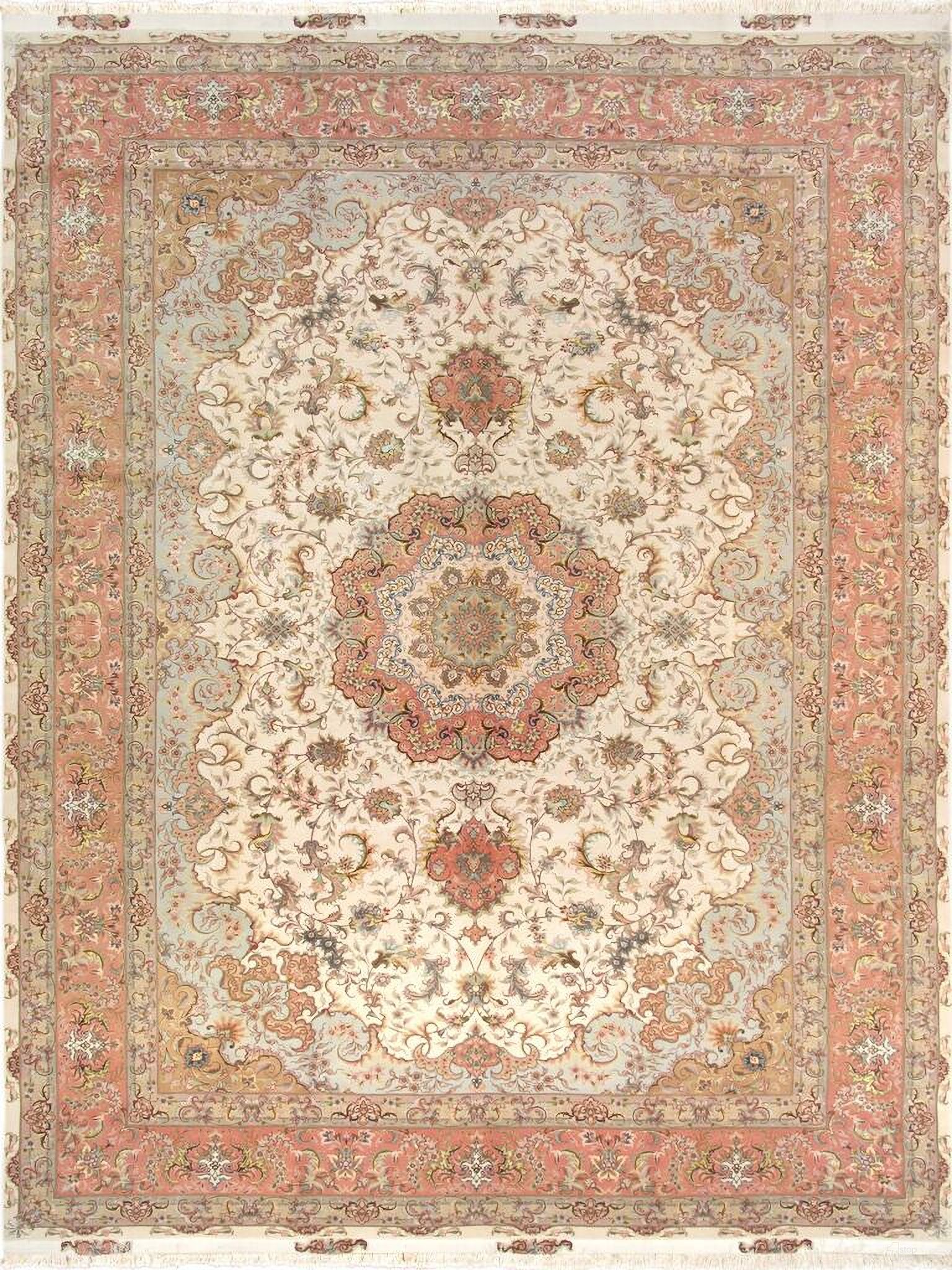 Baku Collection Hand-Knotted Silk and Wool Area Rug- 8' 2" x 11' 8" In Ivory and Peach