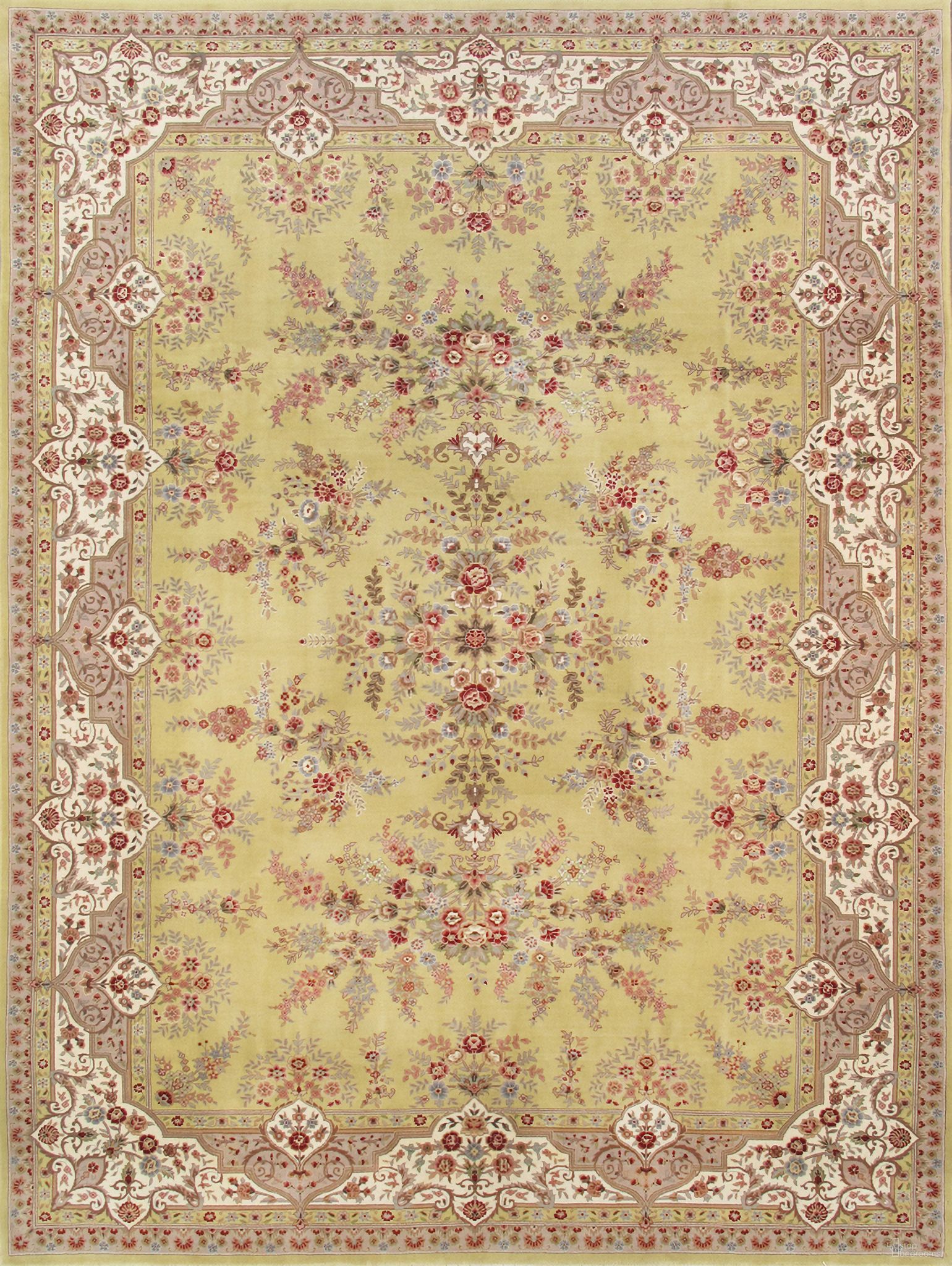 Baku Collection Hand-Knotted Silk and Wool Area Rug- 8' 7" x 11' 7" In Ivory and Yellow