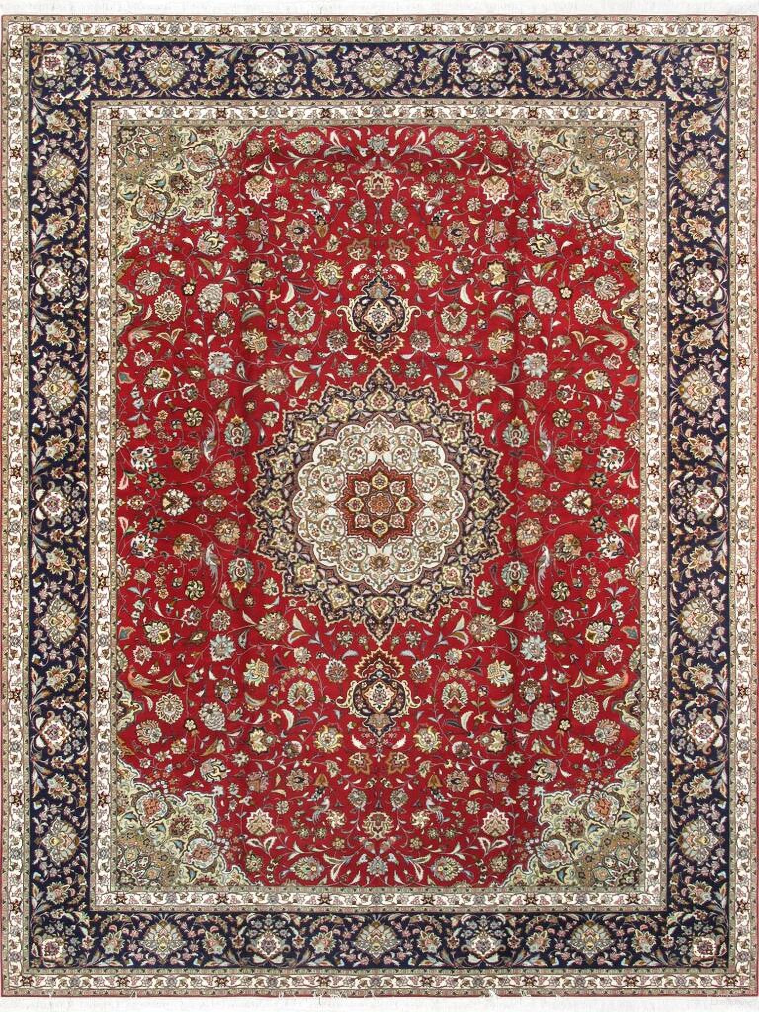 Baku Collection Hand-Knotted Silk and Wool Area Rug- 9'10" x 13' 2" In Red and Navy