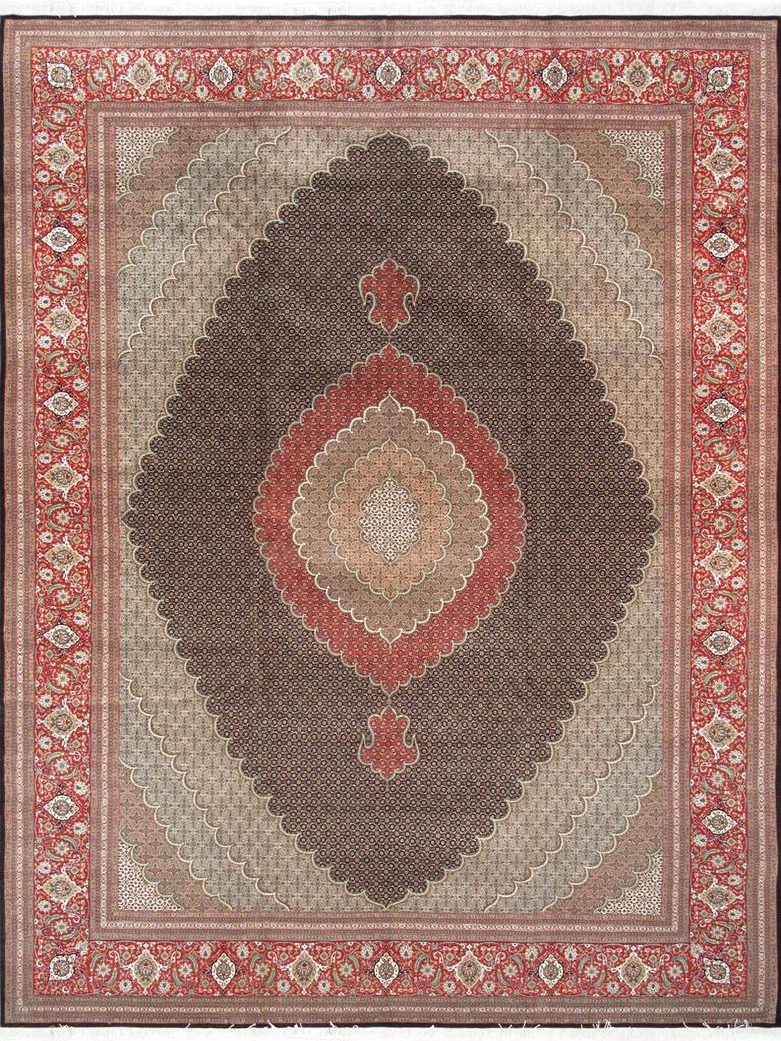 Baku Collection Hand-Knotted Silk and Wool Area Rug- 9'11" x 13' 3" In Red and Navy