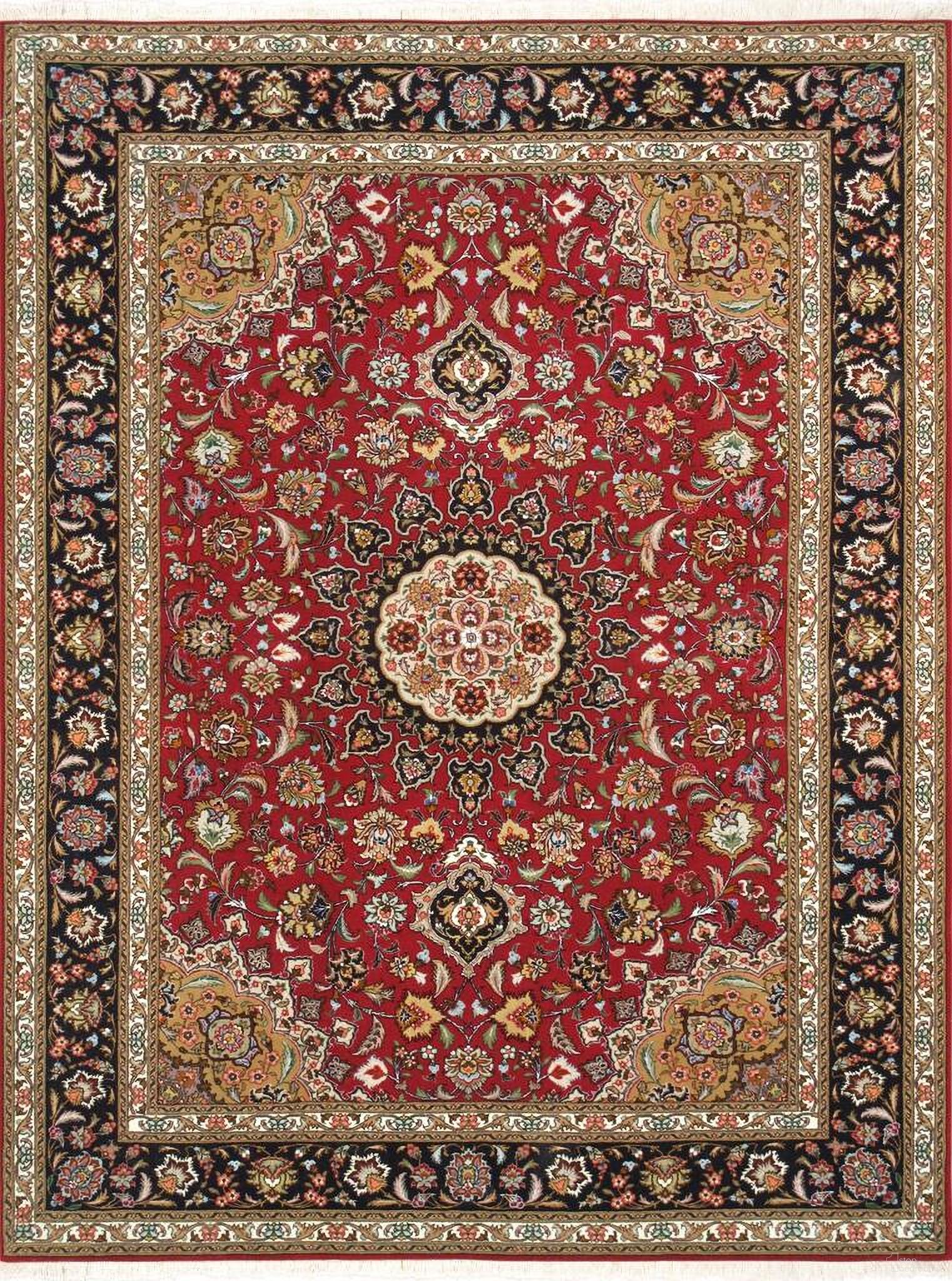 Baku Colletion Hand-Knotted Silk and Wool Area Rug- 5' 1" x 6'11" In Red and Navy