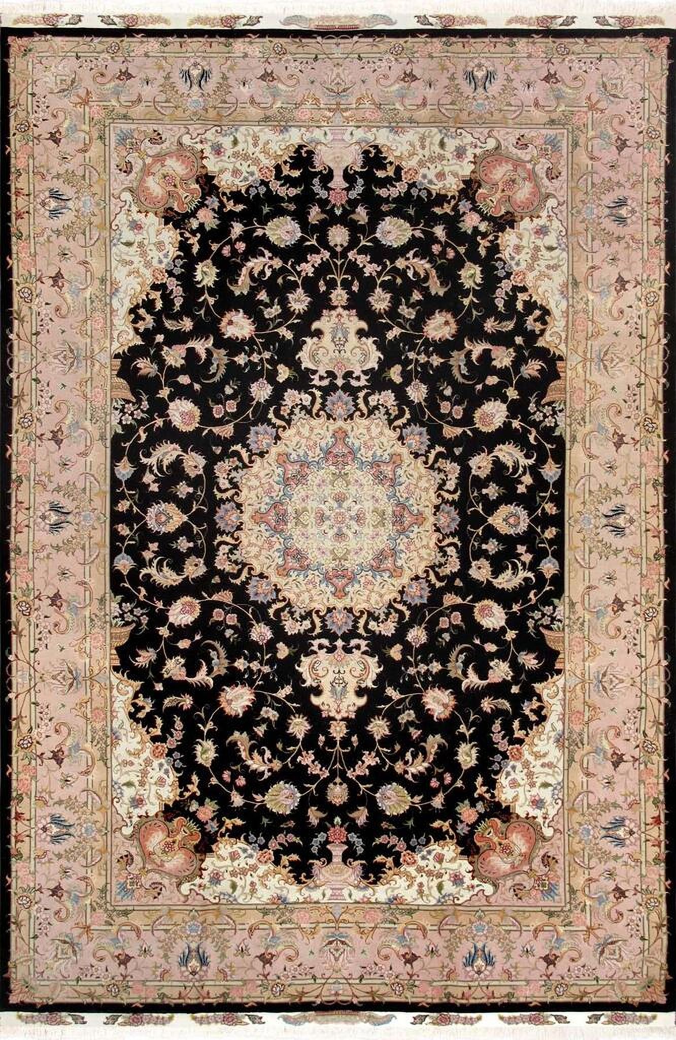 Baku Colletion Hand-Knotted Silk and Wool Area Rug- 6' 6" x 9' 9" In Black and Rose