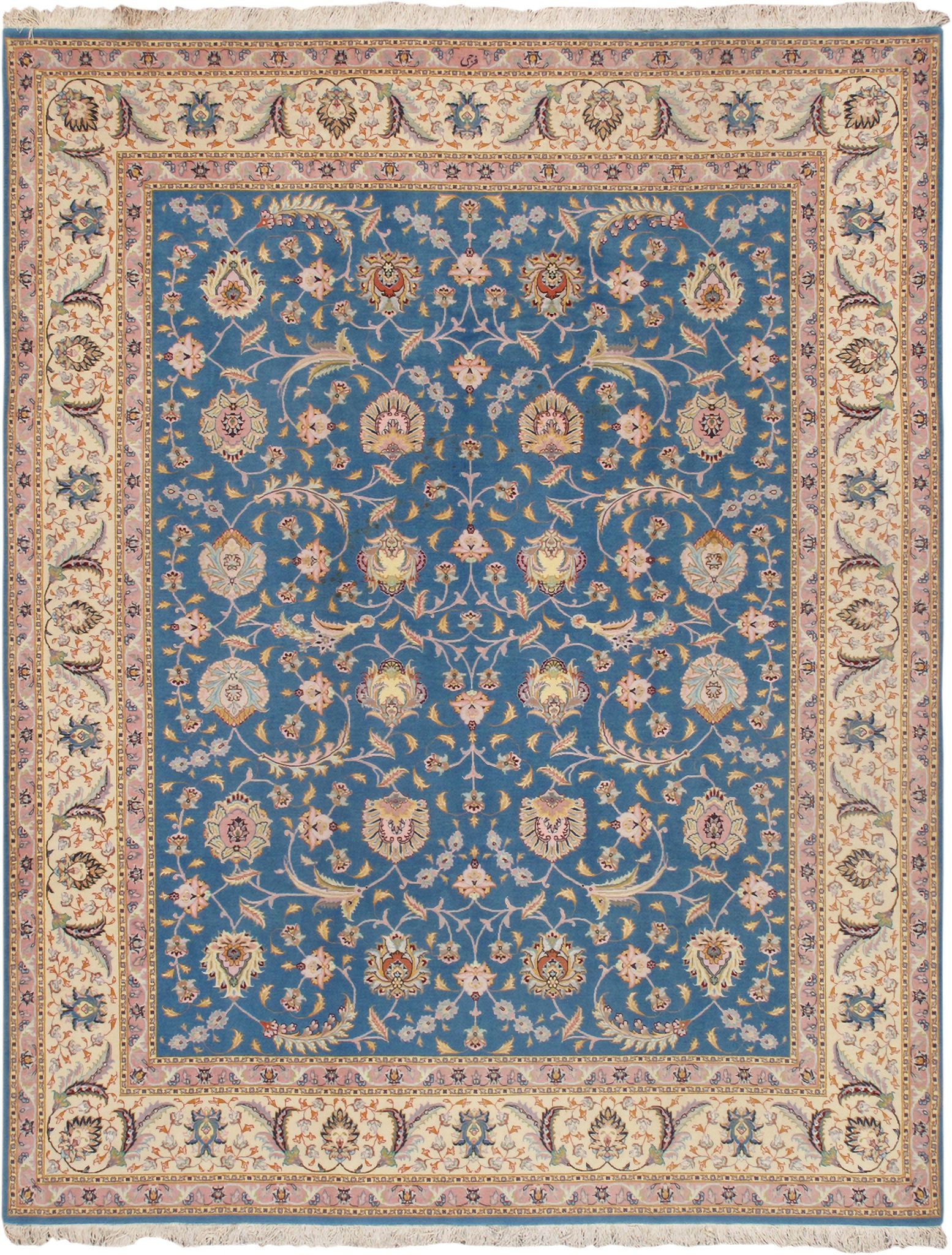 Baku Colletion Hand-Knotted Silk and Wool Area Rug- 6' 7" x 8' 6" In Blue and Ivory