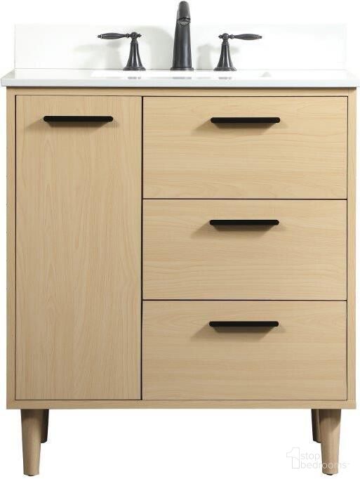 The appearance of Baldwin 30 Inch Bathroom Vanity In Maple With Backsplash designed by Elegant Lighting in the transitional interior design. This maple piece of furniture  was selected by 1StopBedrooms from Baldwin Collection to add a touch of cosiness and style into your home. Sku: VF47030MMP-BS. Material: Wood.