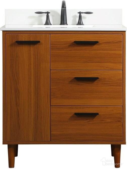 The appearance of Baldwin 30 Inch Bathroom Vanity In Teak With Backsplash designed by Elegant Lighting in the transitional interior design. This teak piece of furniture  was selected by 1StopBedrooms from Baldwin Collection to add a touch of cosiness and style into your home. Sku: VF47030MTK-BS. Material: Wood.