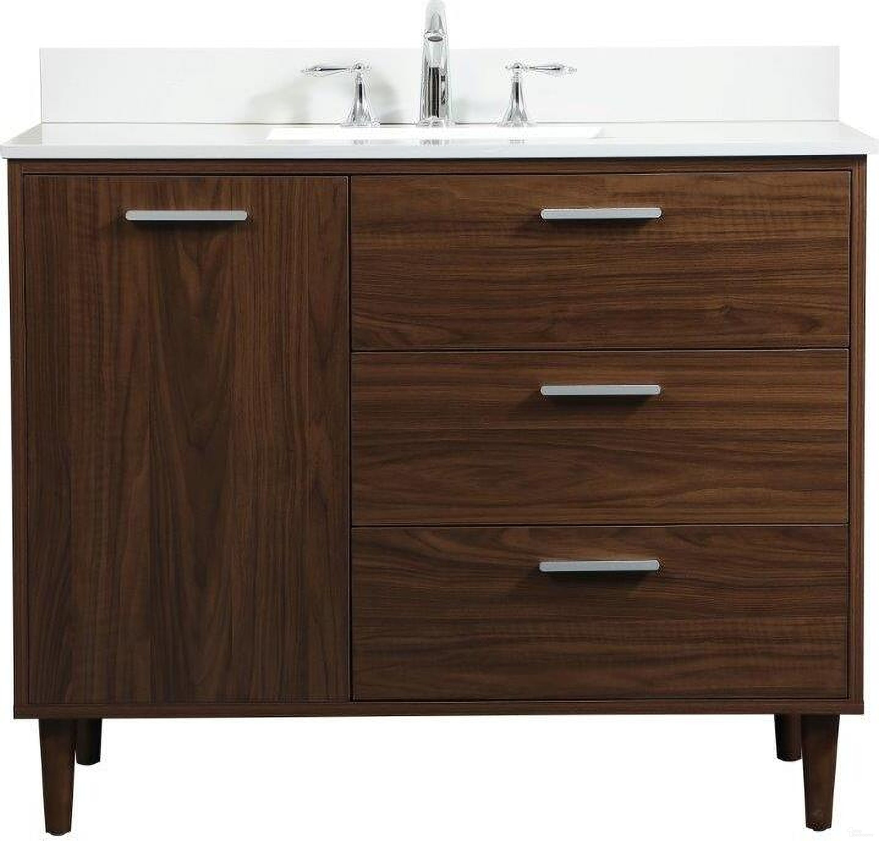 The appearance of Baldwin 42 Inch Bathroom Vanity In Walnut With Backsplash designed by Elegant Lighting in the transitional interior design. This walnut piece of furniture was selected by 1StopBedrooms from Baldwin Collection to add a touch of cosiness and style into your home. Sku: VF47042MWT-BS. Material: Wood.