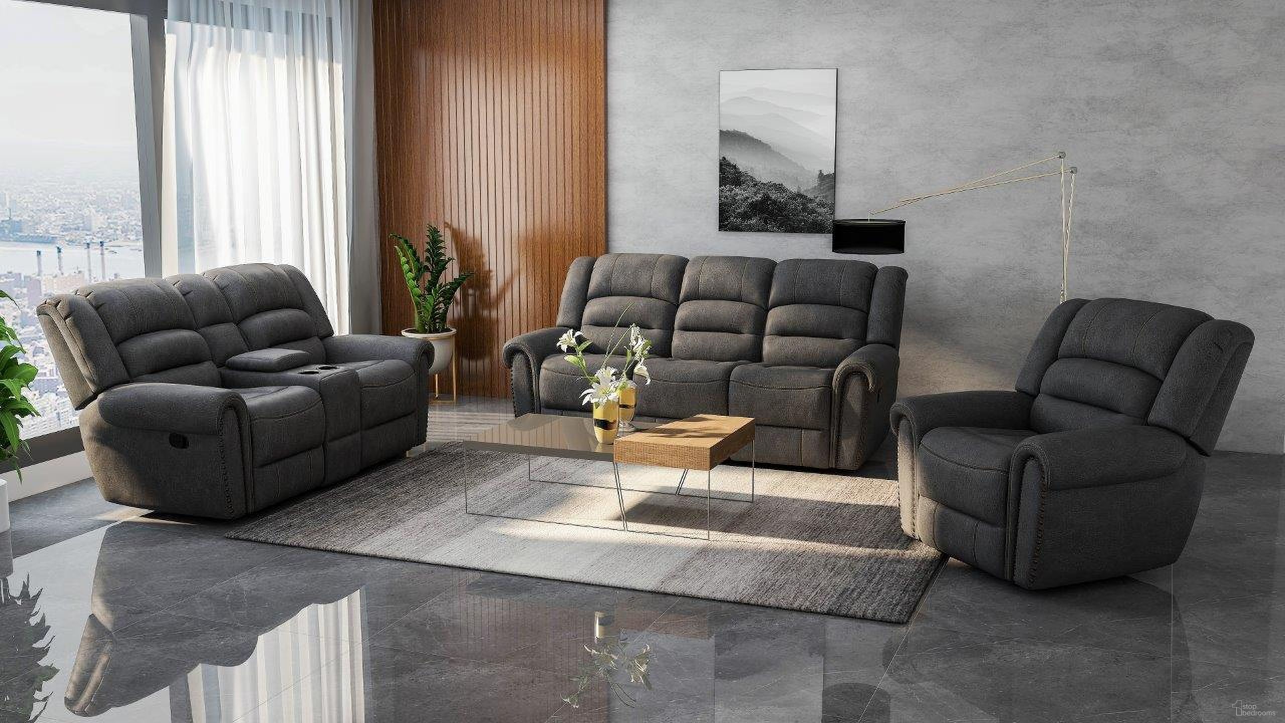 The appearance of Baldwin Reclining Living Room Set In Slate Gray designed by Emerald Home Furnishings in the traditional interior design. This gray piece of furniture was selected by 1StopBedrooms from Baldwin Collection to add a touch of cosiness and style into your home. Sku: U7250-00-03;U7250-09-03. Material: Faux Leather.