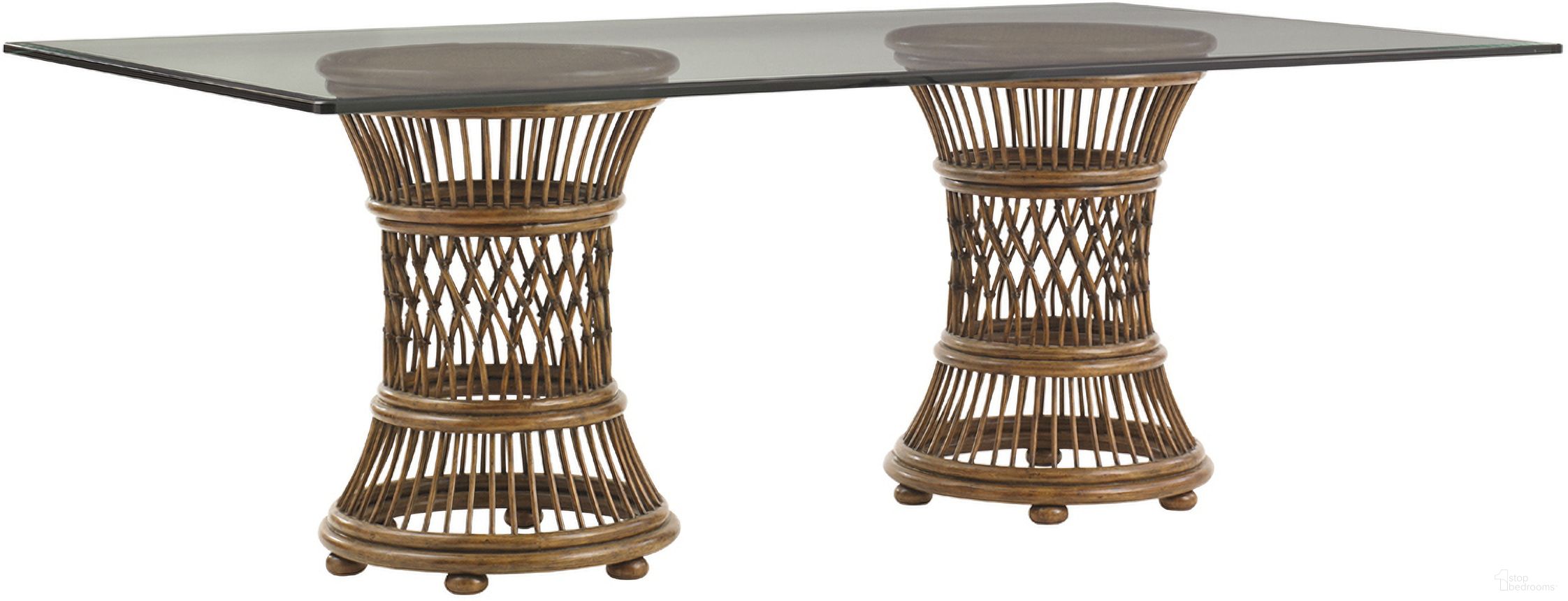 The appearance of Bali Hai Aruba Dining Table with 84 X 48 Inch Glass Top In Sunset designed by Tommy Bahama in the transitional interior design. This sunset piece of furniture was selected by 1StopBedrooms from Bali Hai Collection to add a touch of cosiness and style into your home. Sku: 593-870-84C. Table Base Style: Double Pedestal. Material: Rattan. Table Top Shape: Rectangular. Size: 48" x 84".