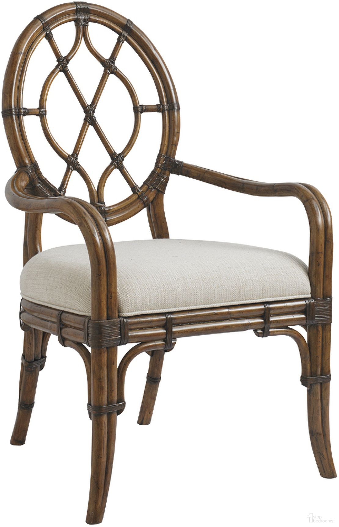 The appearance of Bali Hai Cedar Key Oval Back Arm Chair In Sunset designed by Tommy Bahama in the transitional interior design. This sunset piece of furniture  was selected by 1StopBedrooms from Bali Hai Collection to add a touch of cosiness and style into your home. Sku: 593-887-01. Material: Rattan. Chair Type: Arm Chair.