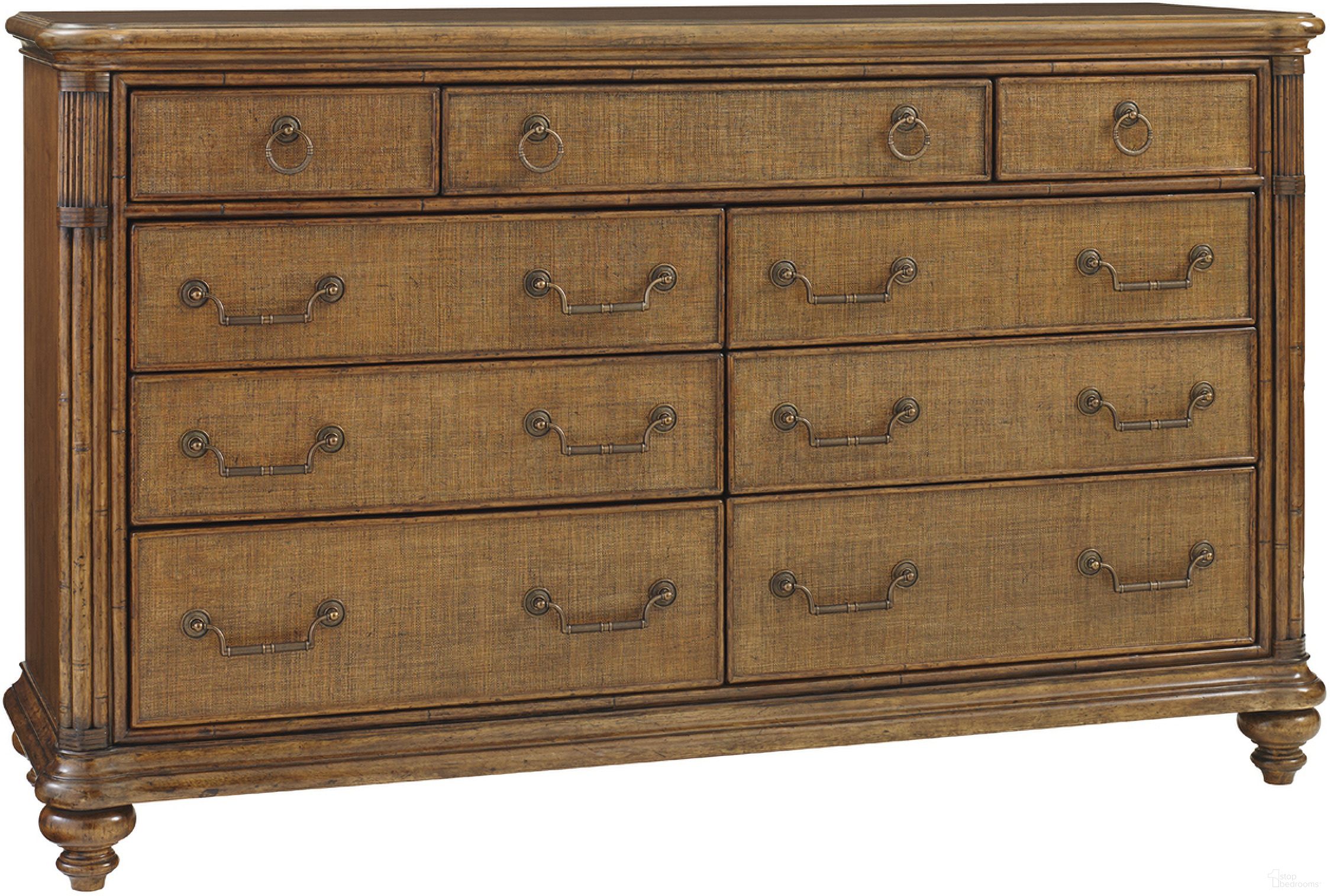 The appearance of Bali Hai Costa Sera Triple Dresser In Sunset designed by Tommy Bahama in the transitional interior design. This sunset piece of furniture  was selected by 1StopBedrooms from Bali Hai Collection to add a touch of cosiness and style into your home. Sku: 593-234. Material: Rattan.